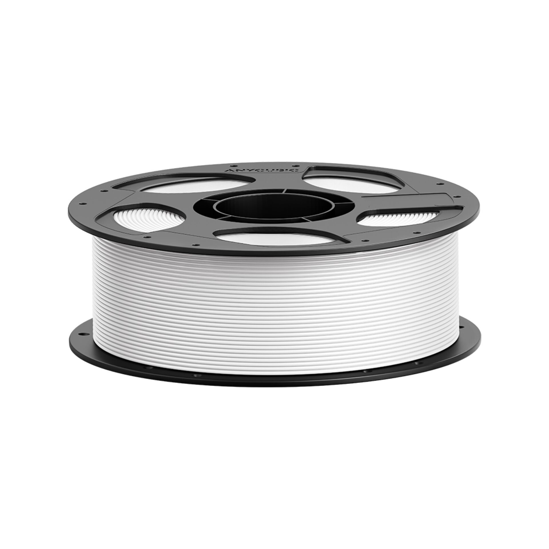 Eine Spule mit weißem 3D-Druckfilament auf schwarzer Halterung.