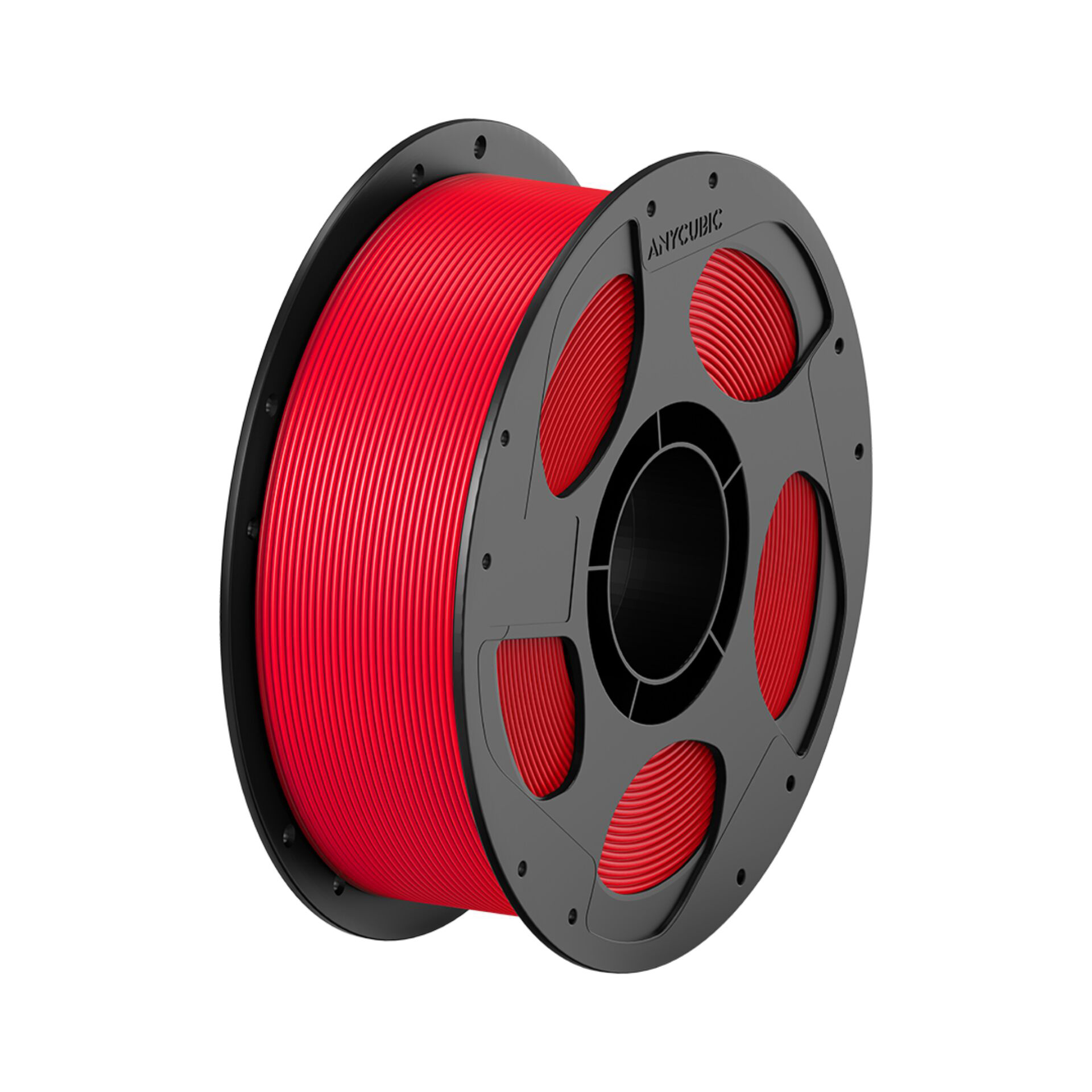 Rote 3D-Drucker-Filamentspule mit schwarzem Spulenkörper und Anycubic-Logo.