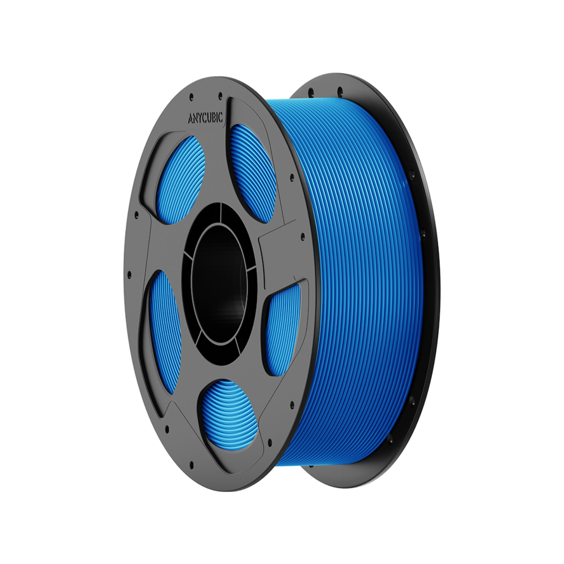 Eine Spule mit blauem 3D-Druckfilament auf grauem Träger.