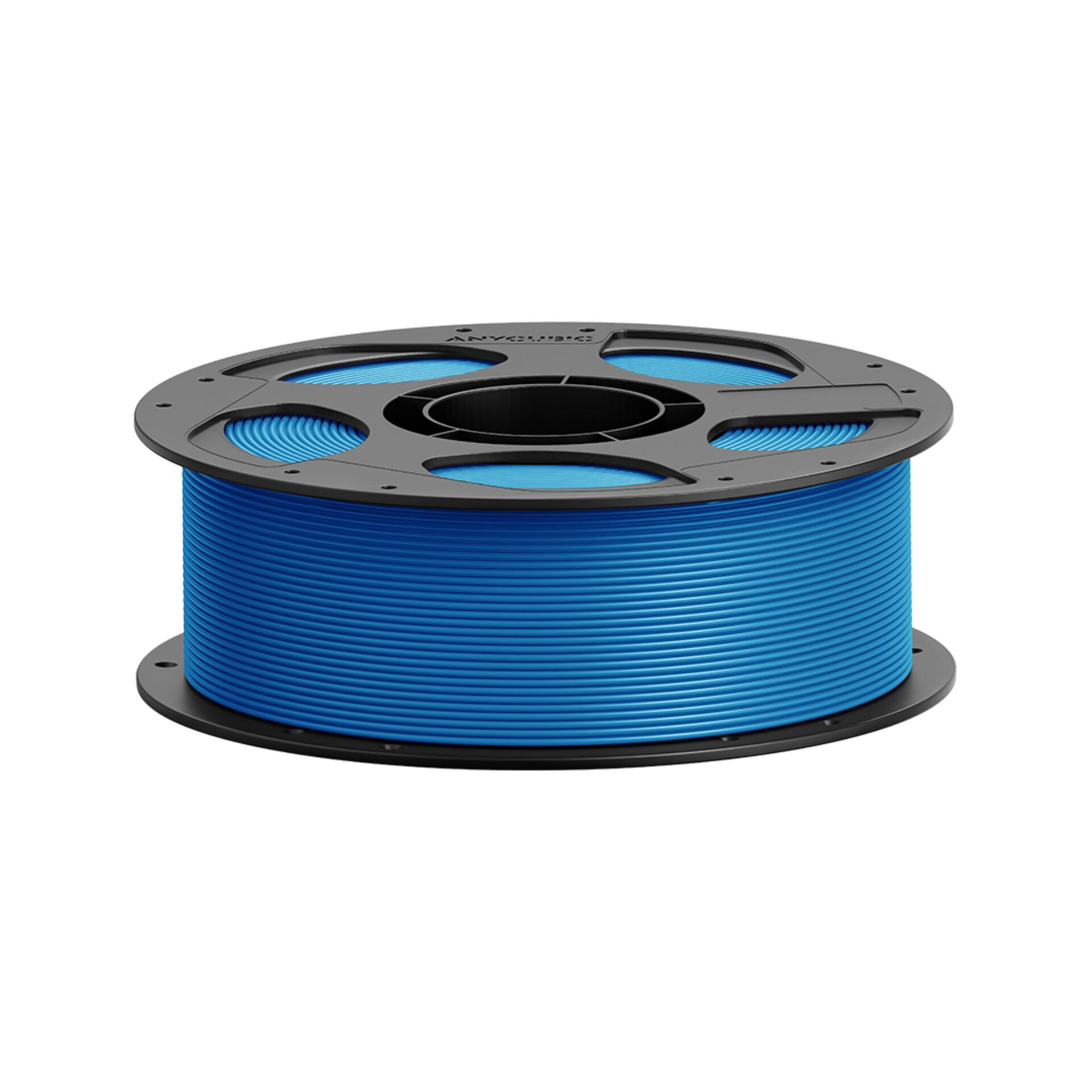 Eine Spule mit blauem 3D-Druckfilament auf weißem Hintergrund.