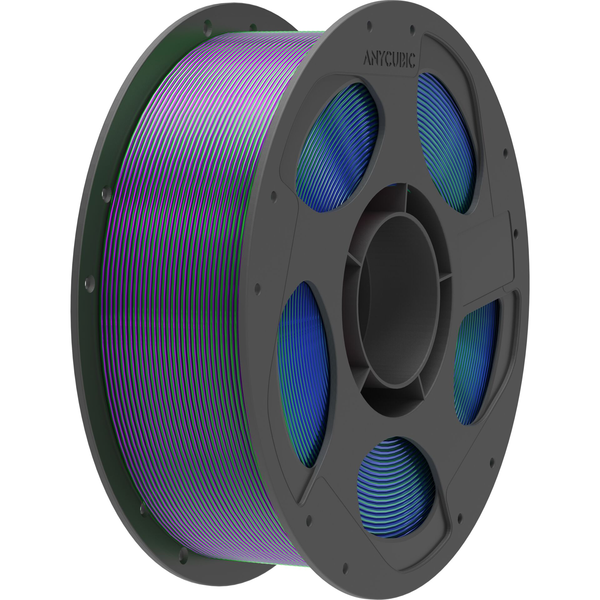 Eine Spule mit violettem, grünem und blauem 3D-Druckerfilament auf grauem Rahmen.