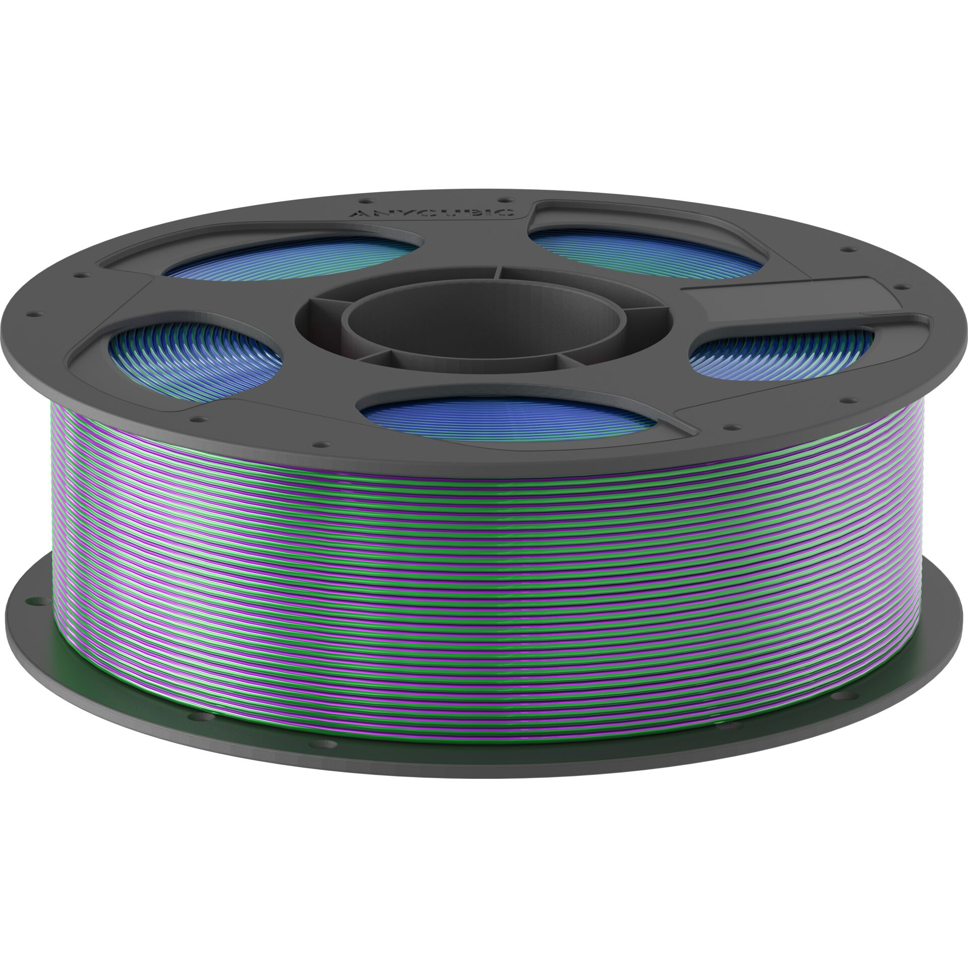 Eine Spule mit violettem und grünem 3D-Druckerfilament, das auf einer grauen Spule aufgewickelt ist.
