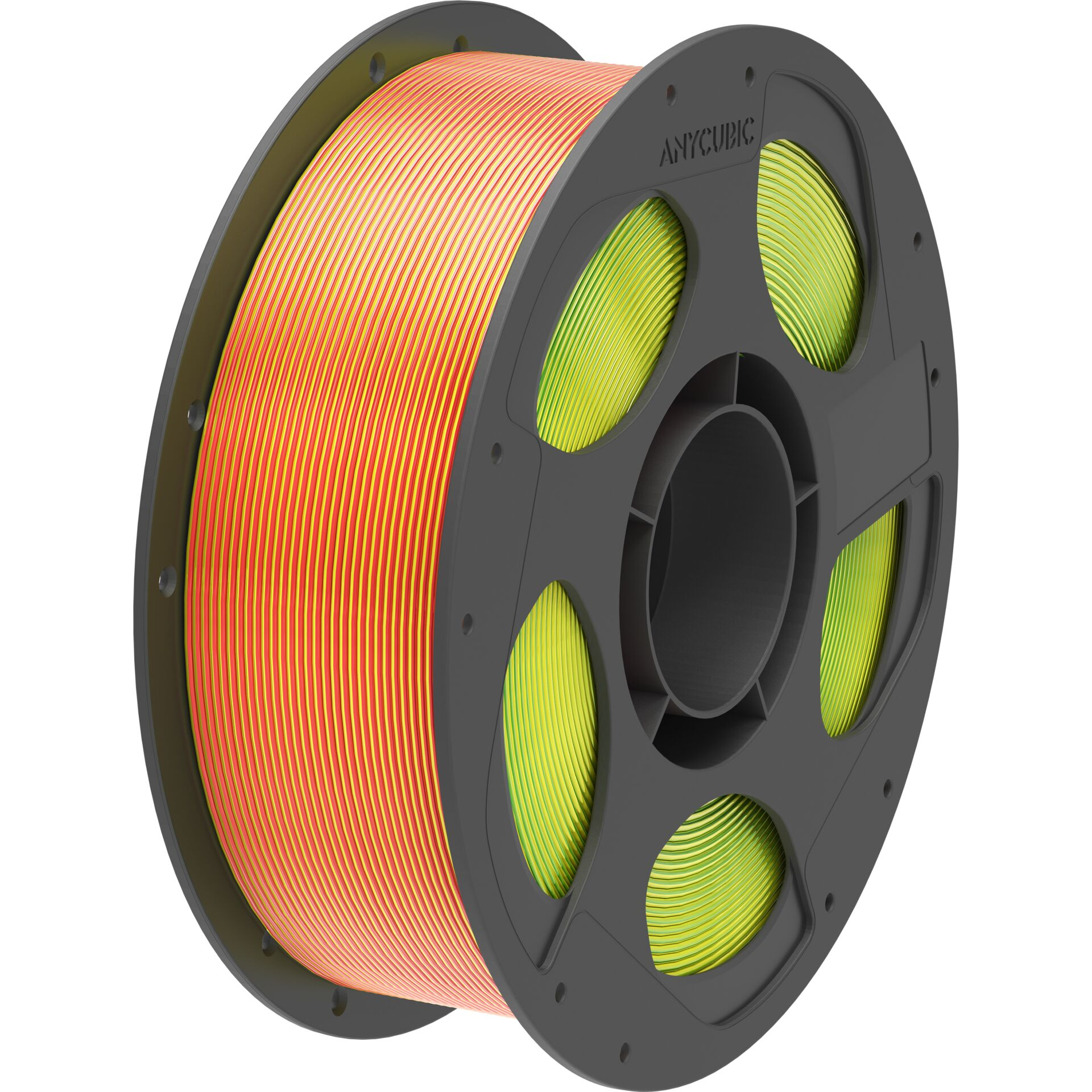 Graue Spule mit orange-gelbem und hellgrünem Filament, auf weißem Hintergrund.
