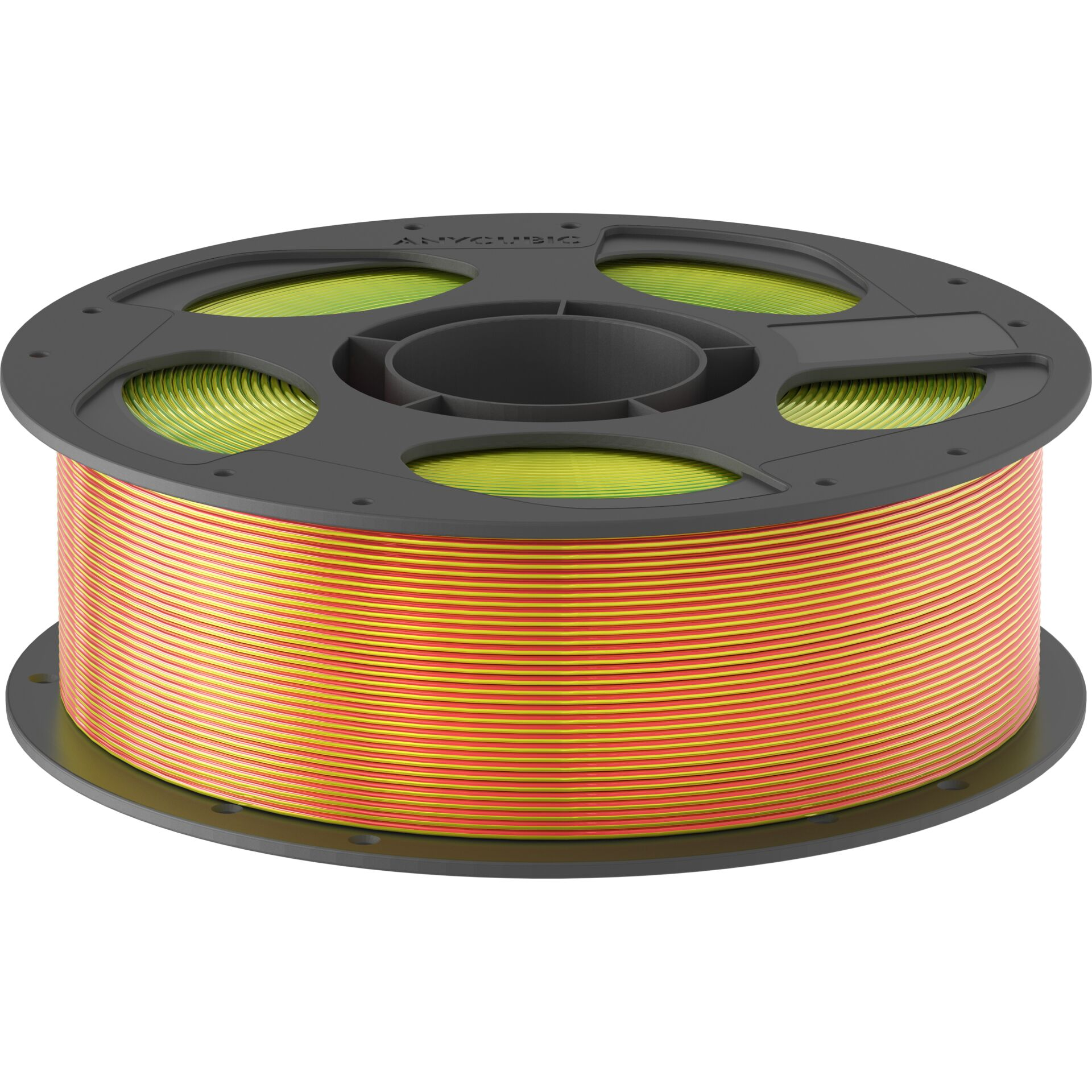 Eine Spule mit orange-gelbem Filament für 3D-Drucker mit schwarzem Kern.