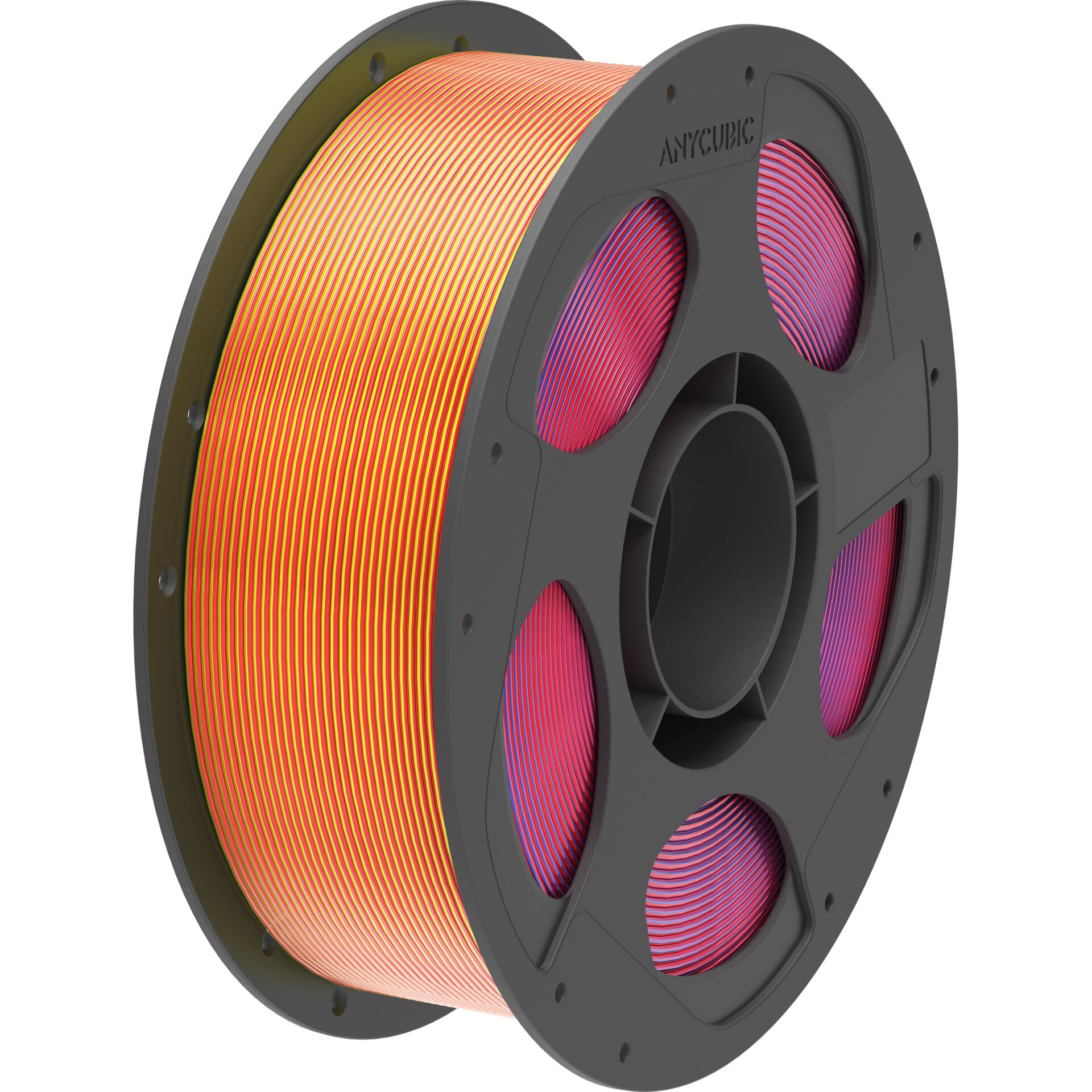 Eine Spule mit orangem und pink-blauem 3D-Druckfilament auf weißem Hintergrund.