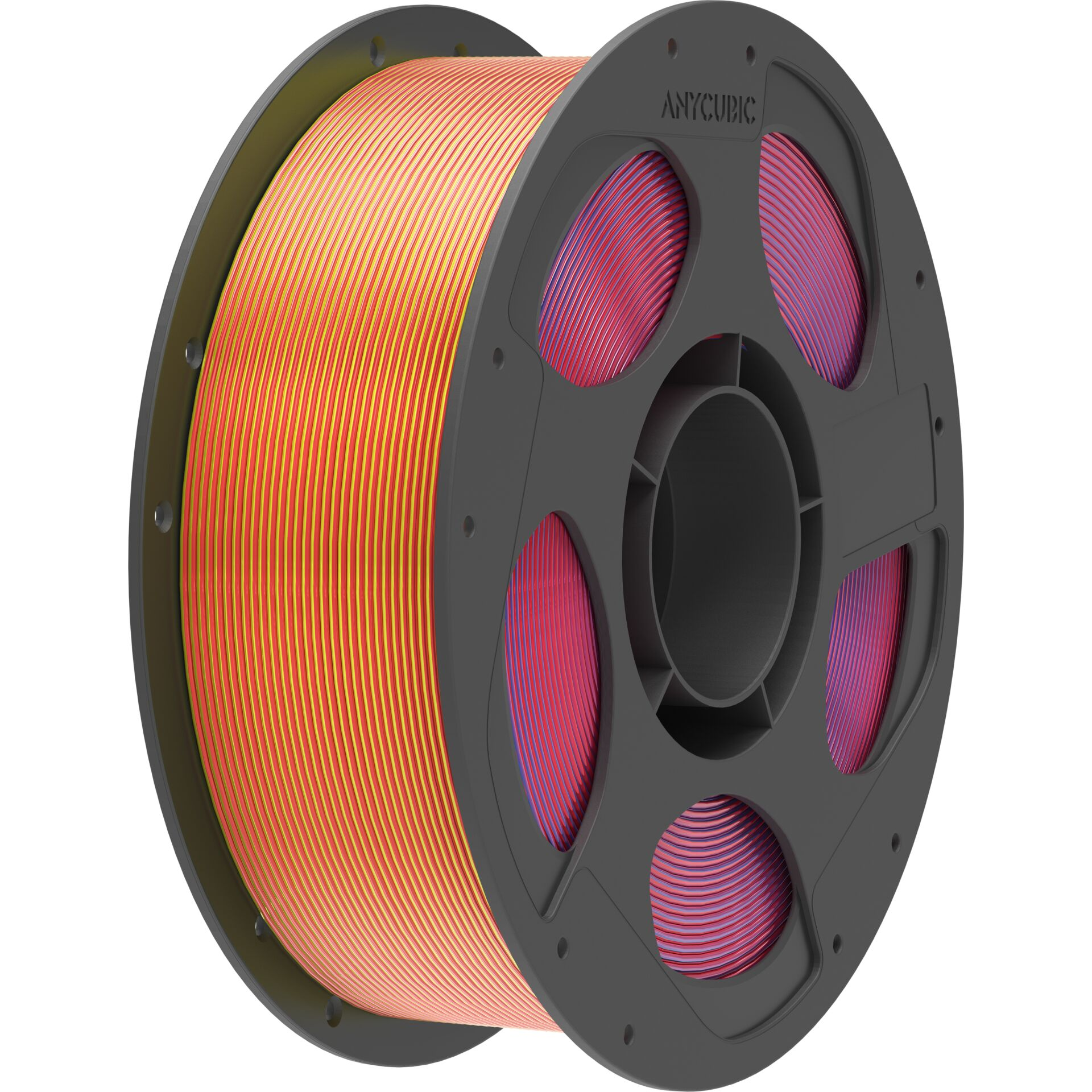 Eine Spule mit orangefarbenem und pinkfarbenem Filament mit der Aufschrift ANYCUBIC.