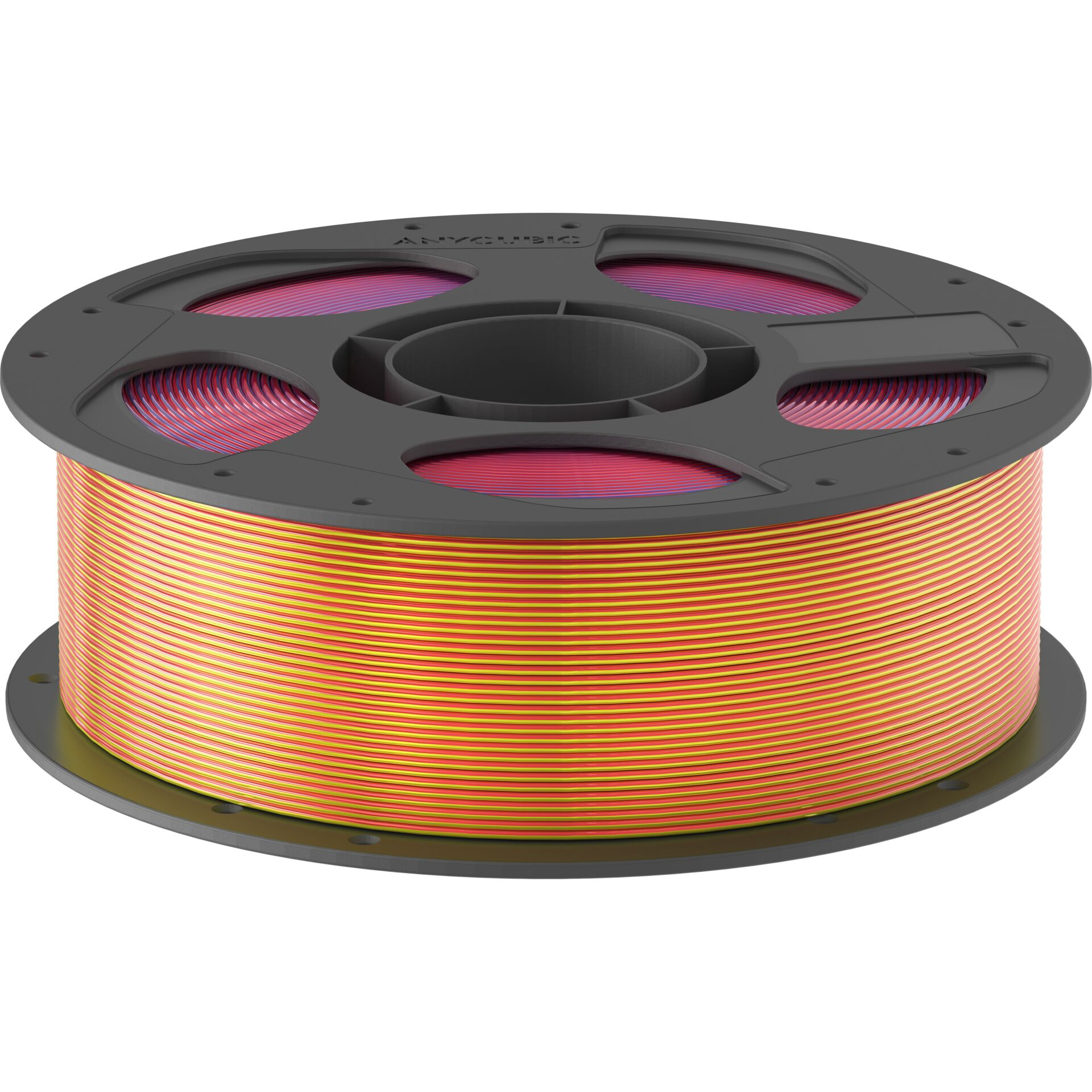Eine Spule mit orange-gelbem 3D-Druckfilament, das von einem grauen Kern umwickelt ist.