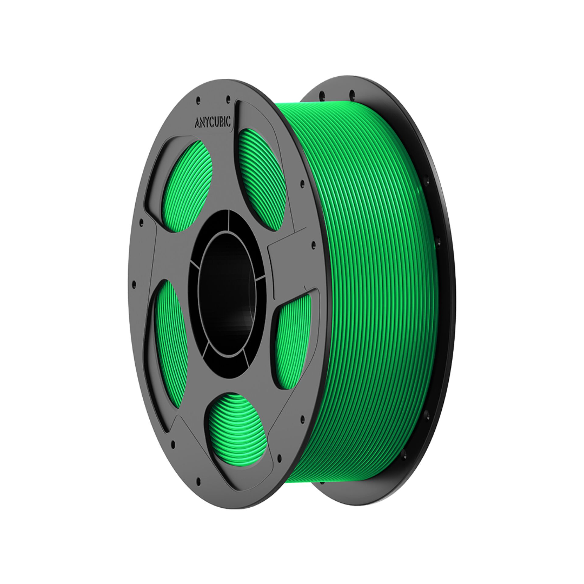 Eine Spule mit leuchtend grünem 3D-Druckerfilament vor weißem Hintergrund.