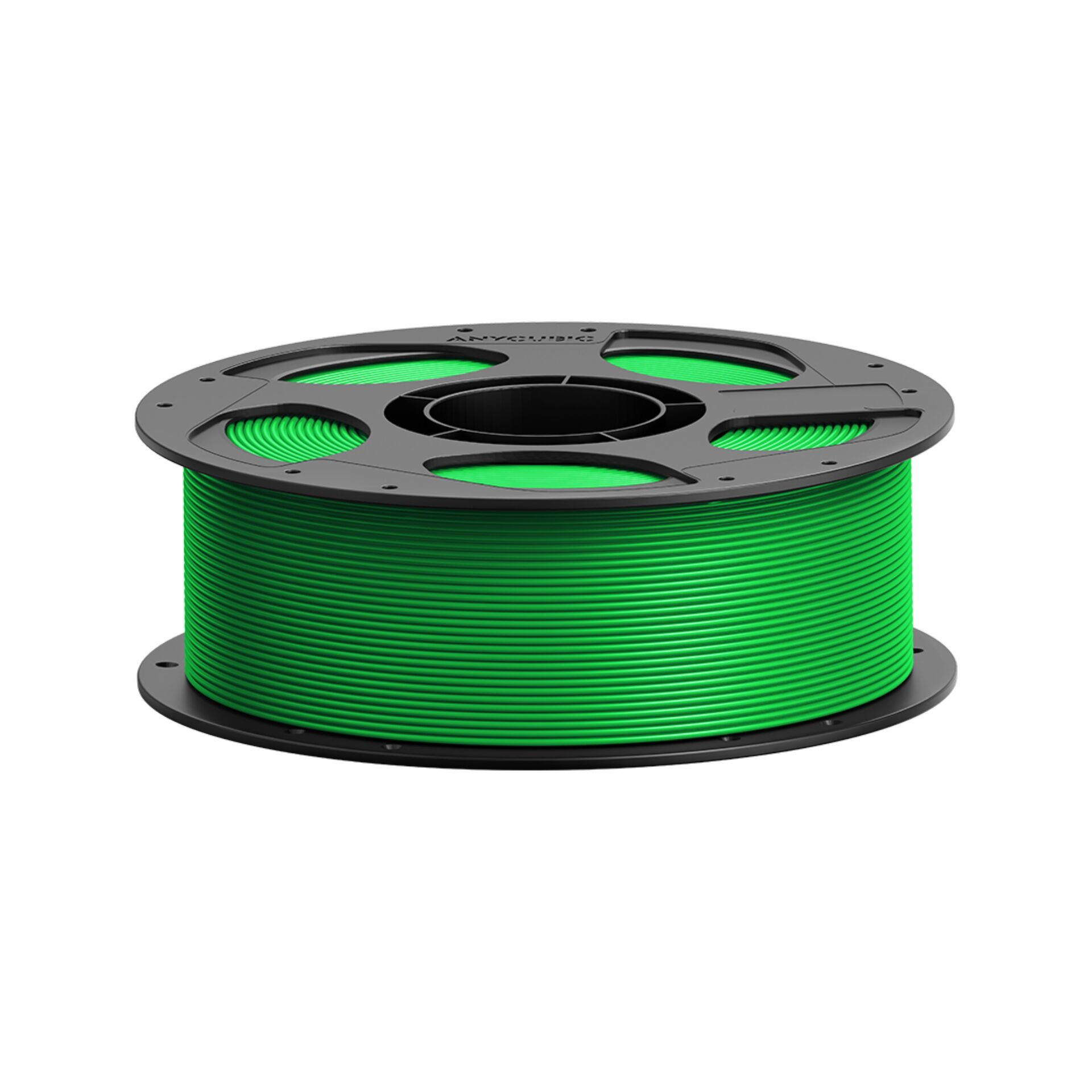 Grüne 3D-Drucker-Filamentspule mit schwarzem Spulenkern auf weißem Hintergrund.