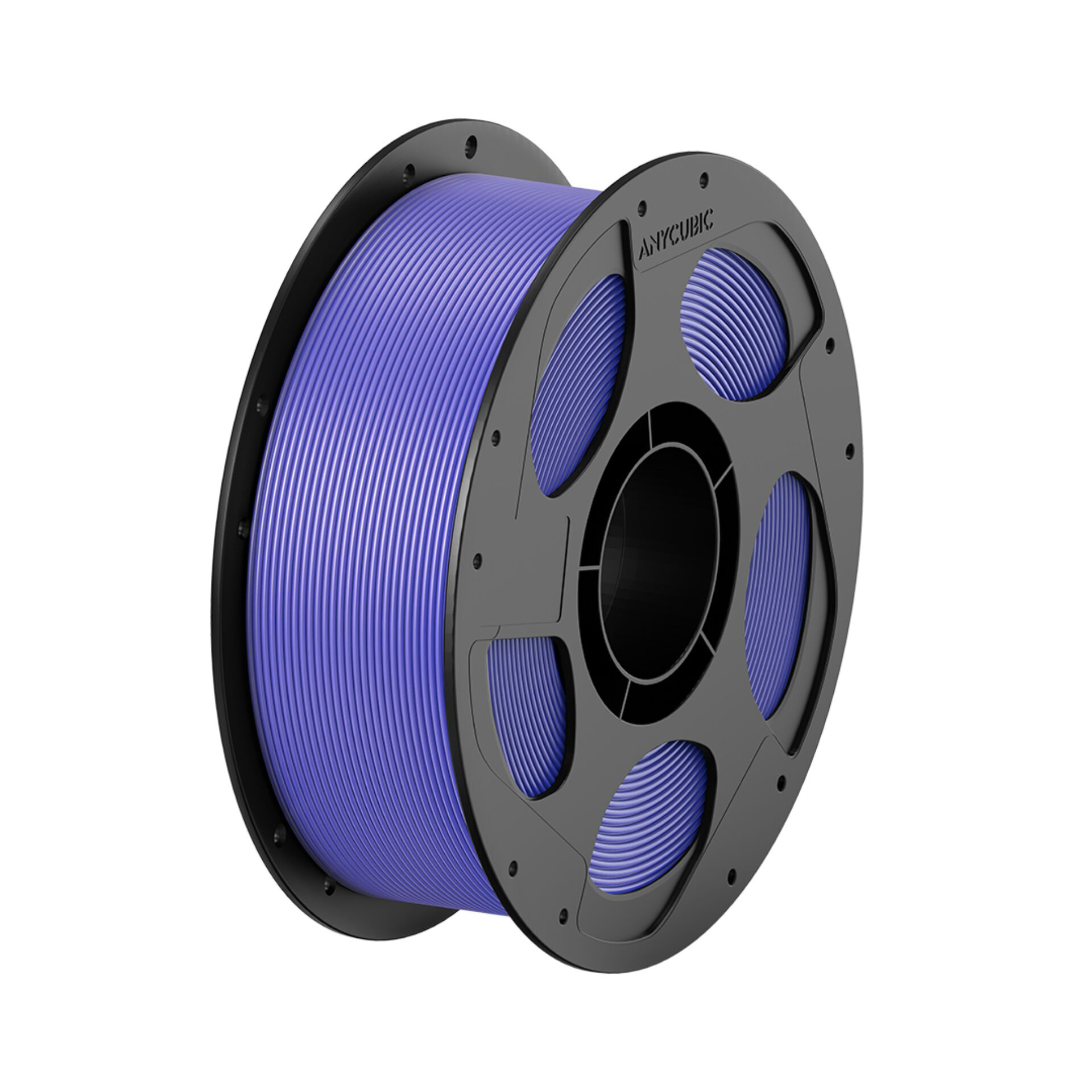 Eine Spule mit blauem 3D-Druckerfilament auf einem schwarzen Spulenkern.