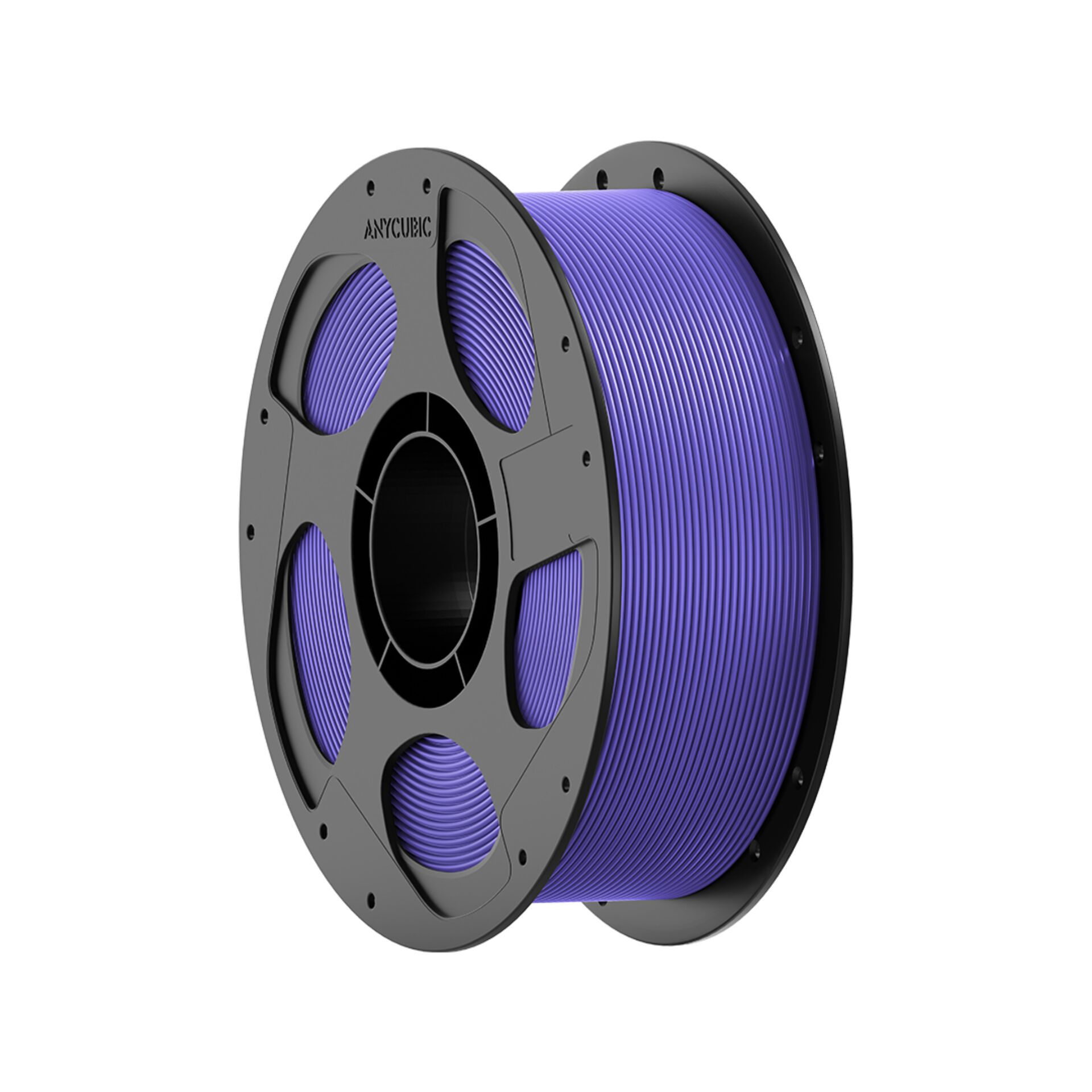 Eine Spule mit violettem 3D-Druckfilament, auf weißem Hintergrund.