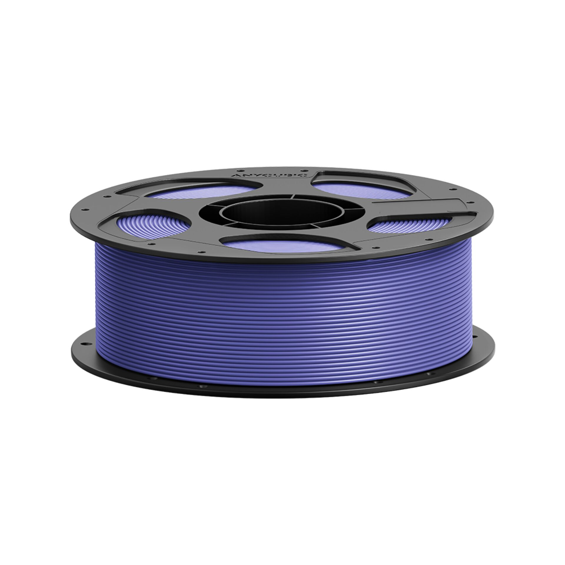 Eine Spule mit lila 3D-Druckfilament auf weißem Hintergrund.