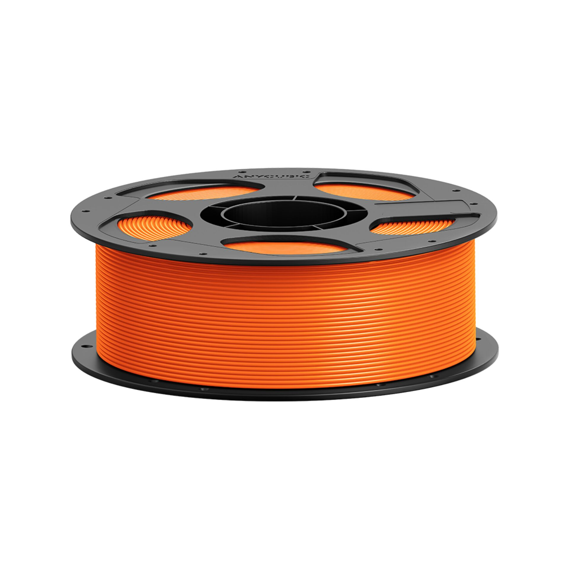 Eine orangefarbene 3D-Drucker-Filamentspule auf schwarzer Spule.