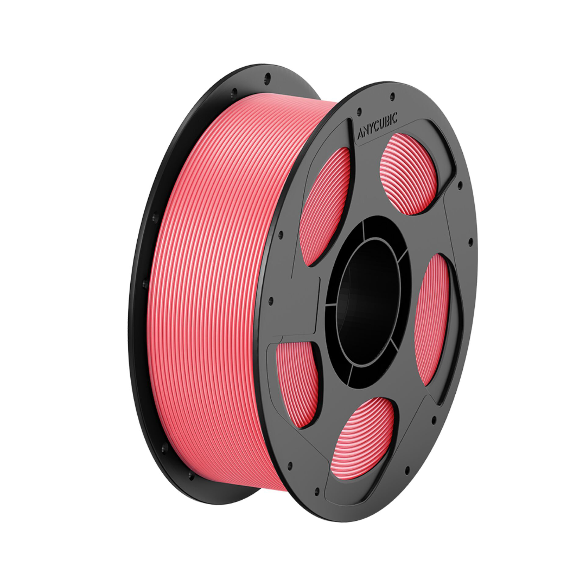 Spule mit rotem 3D-Druckfilament, schwarzer Rahmen, auf weißem Hintergrund.