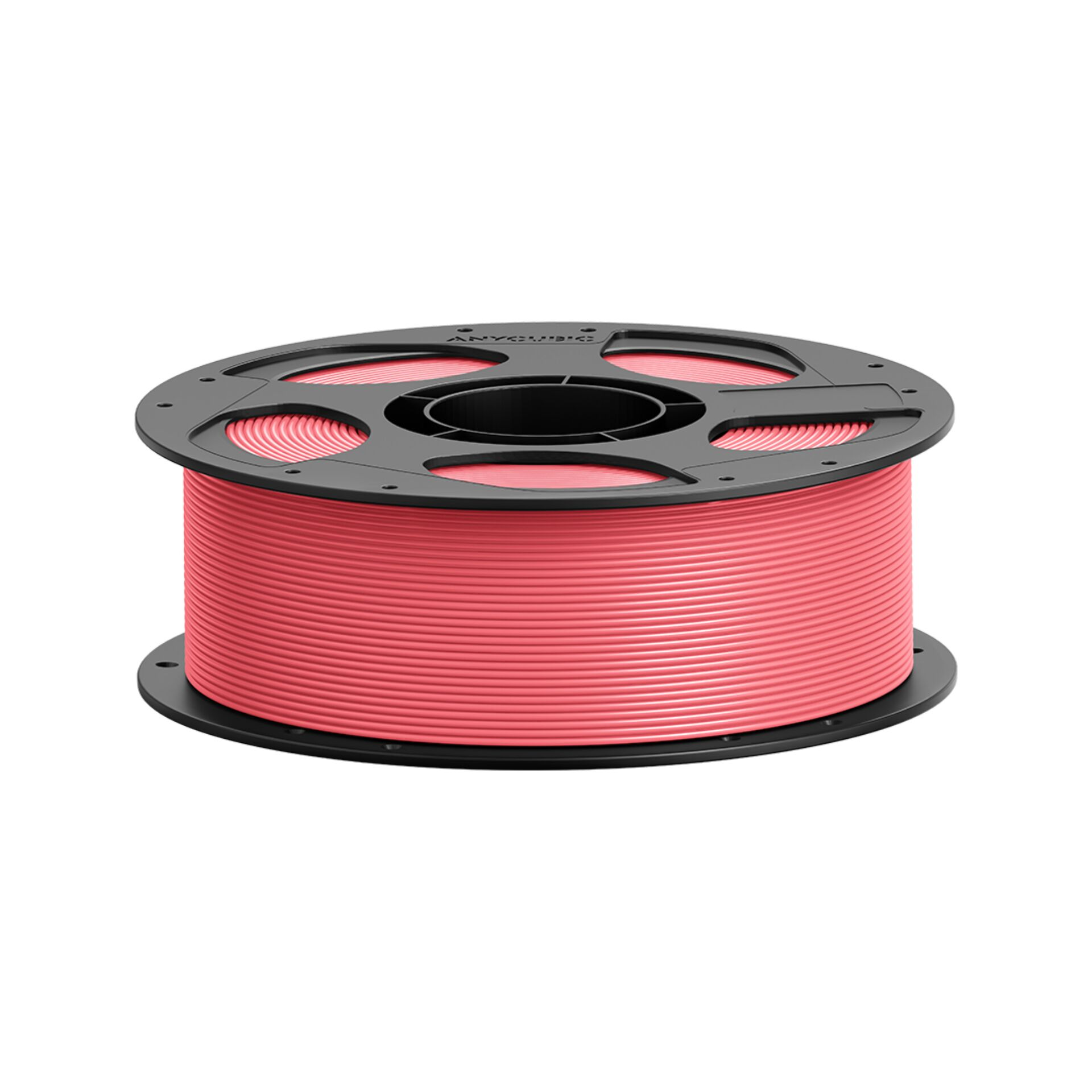 Eine Spule mit korallenfarbenem 3D-Druckfilament auf weißem Hintergrund.