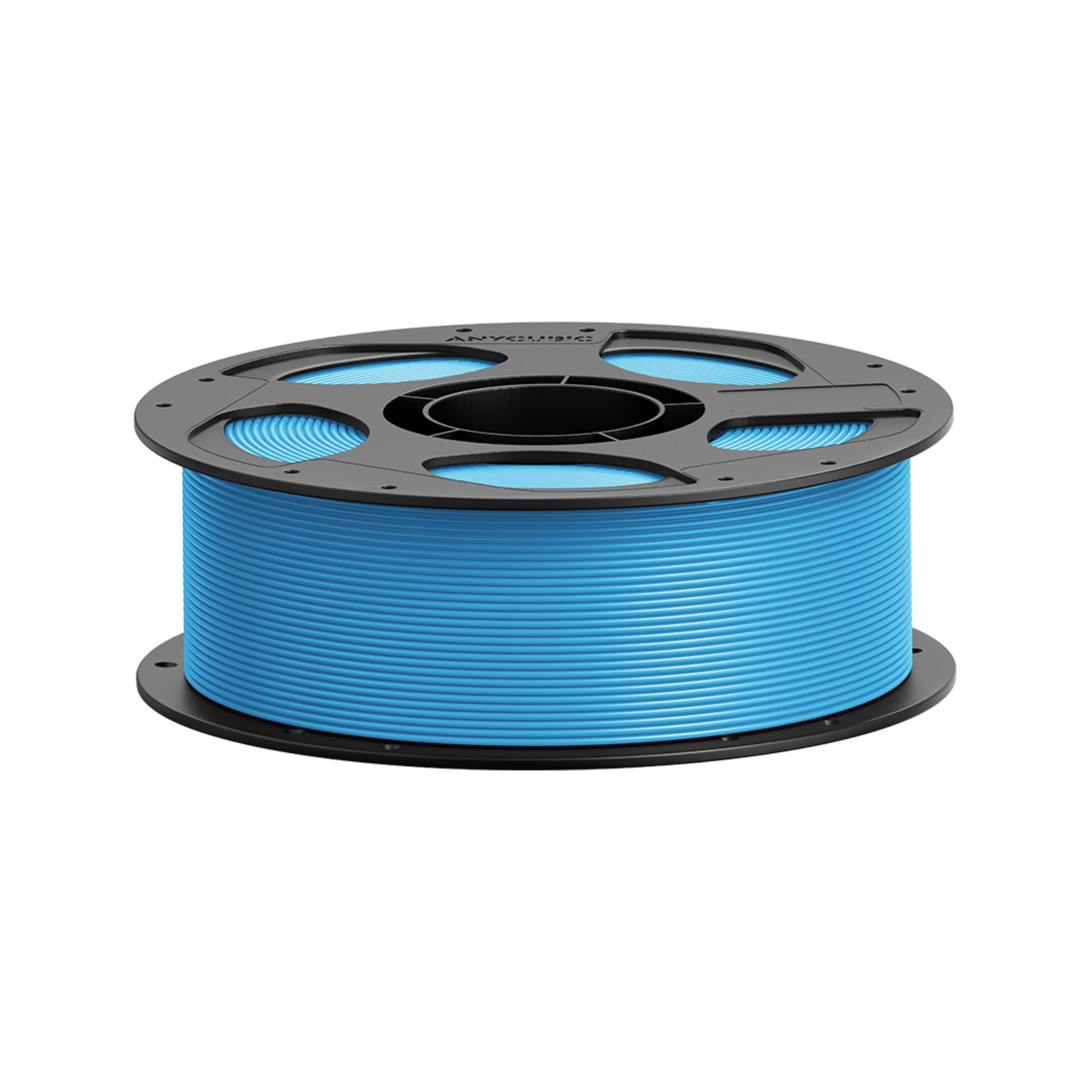 Eine Spule mit leuchtend blauem 3D-Druckfilament auf einer schwarzen Spule.