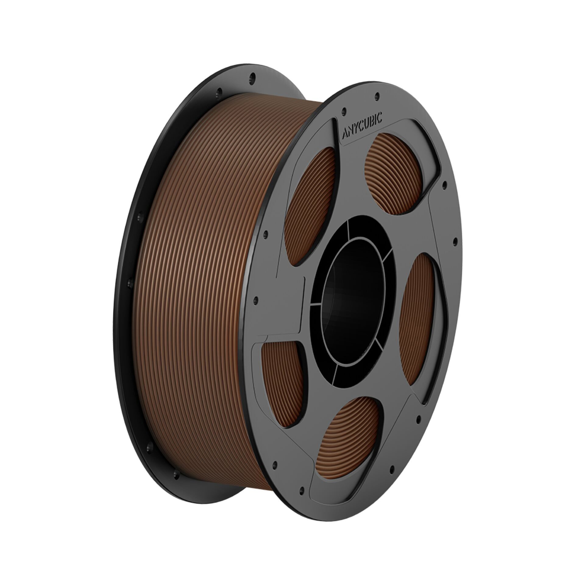 Eine Spule braunen 3D-Druckerfilaments mit schwarzem Rahmen.