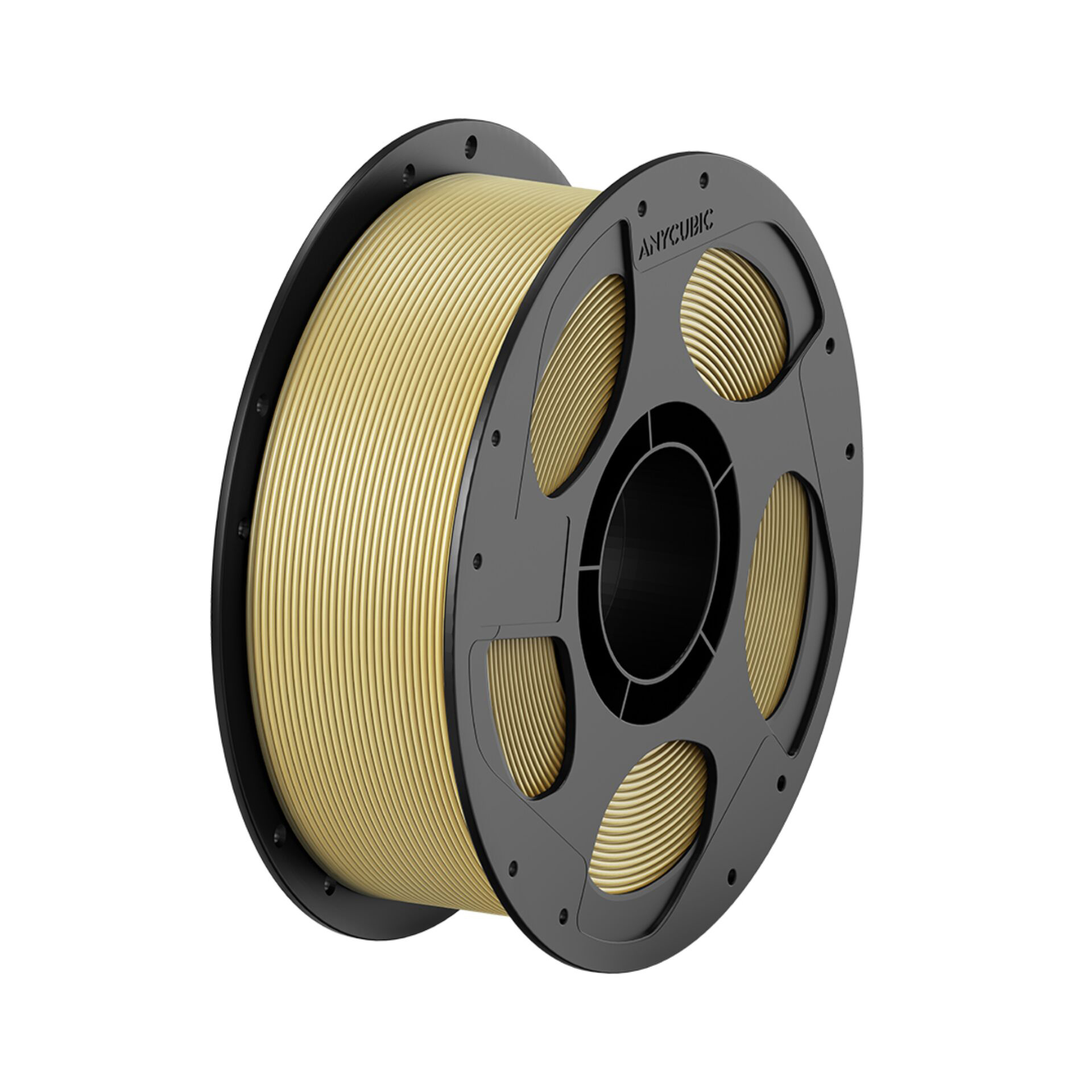 Goldener 3D-Druckerfilament-Spule mit schwarzem Rahmen.