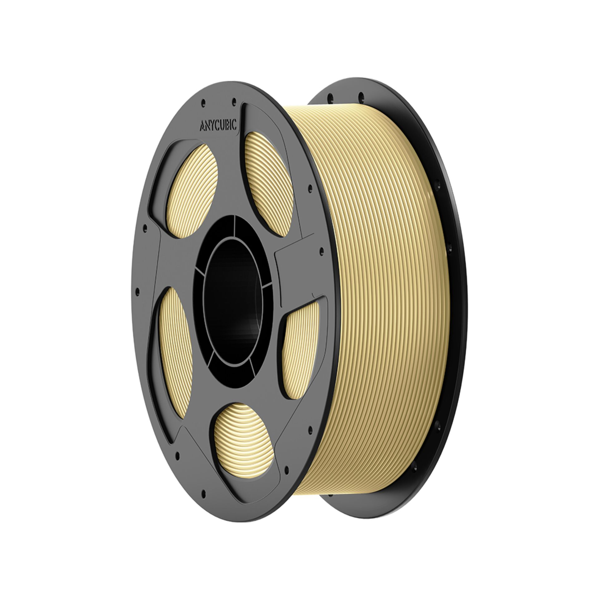Eine Spule mit beige-gelbem 3D-Druckfilament auf grauem Träger.