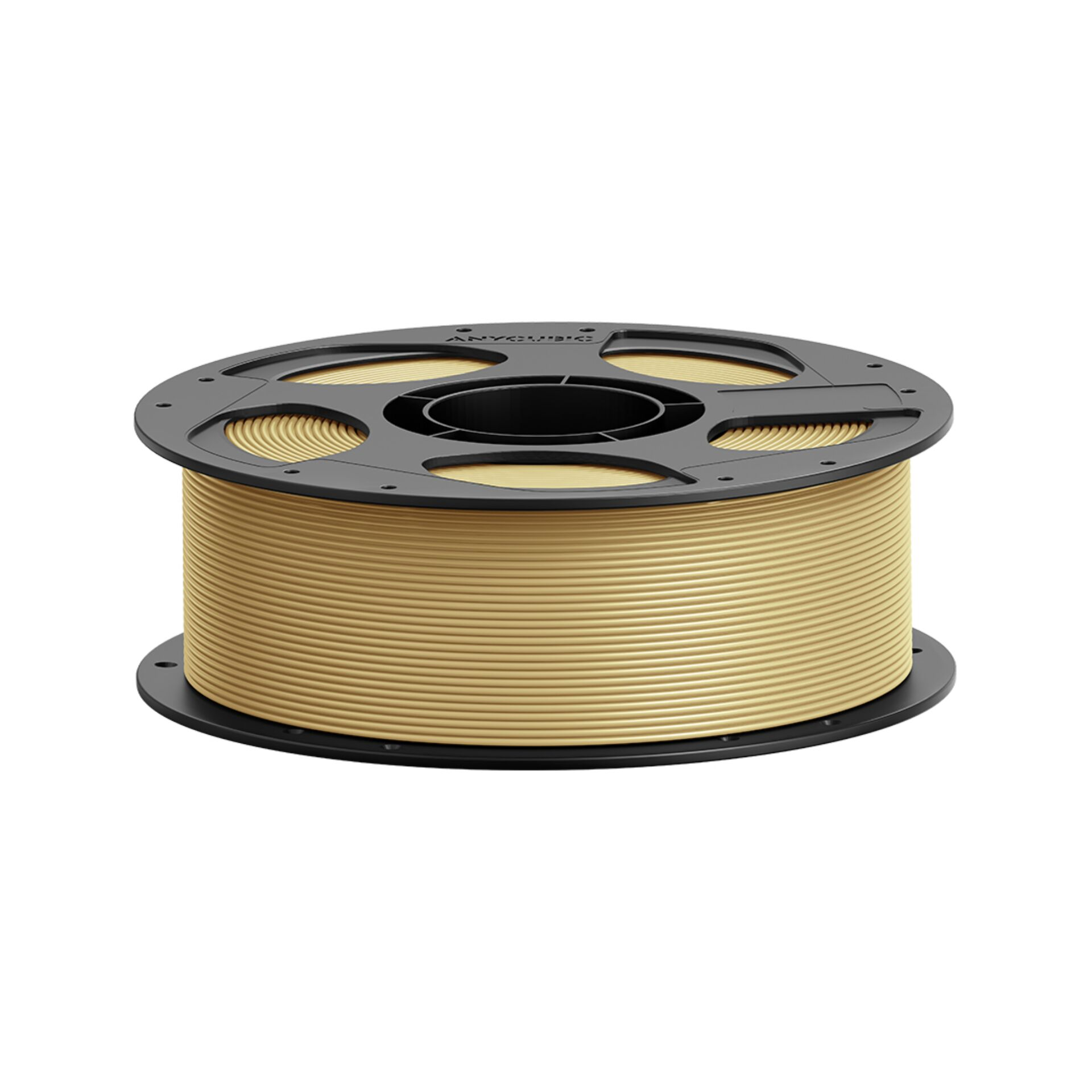 Eine goldgelbe Spule 3D-Druckerfilament auf einer schwarzen Spule.