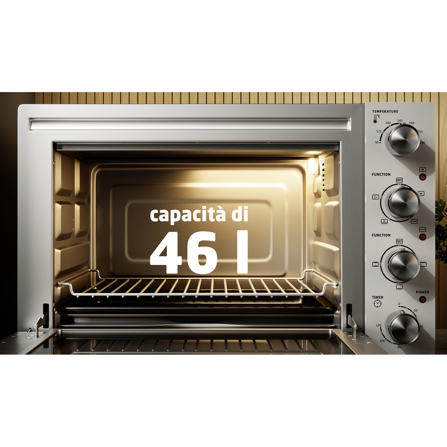Un forno argento da 46L, con manopole di controllo e interno illuminato.