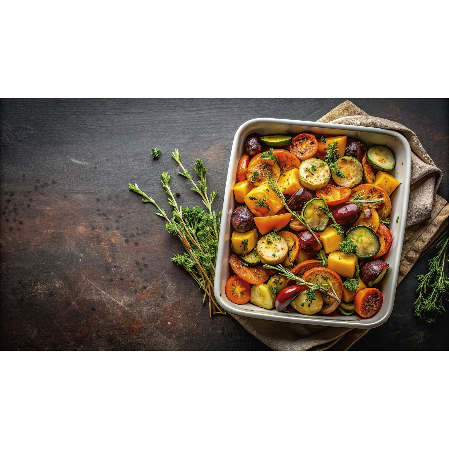 Verdure arrosto in una teglia, guarnite con erbe, su sfondo scuro.