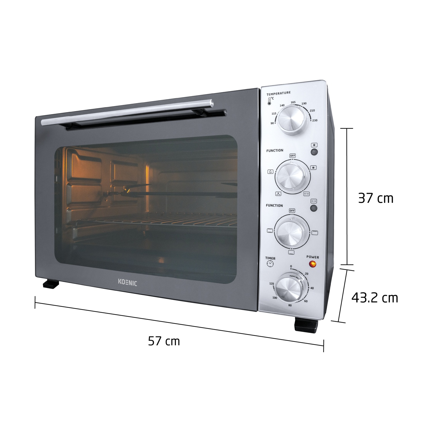 Un forno Koenic argentato con controlli e dimensioni di 57x37x43,2 cm.