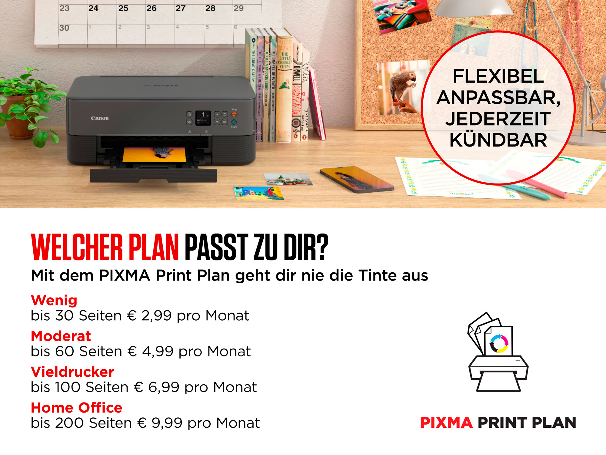 Ein Canon PIXMA Drucker auf einem Schreibtisch mit Kalender, Büchern und Notizen.