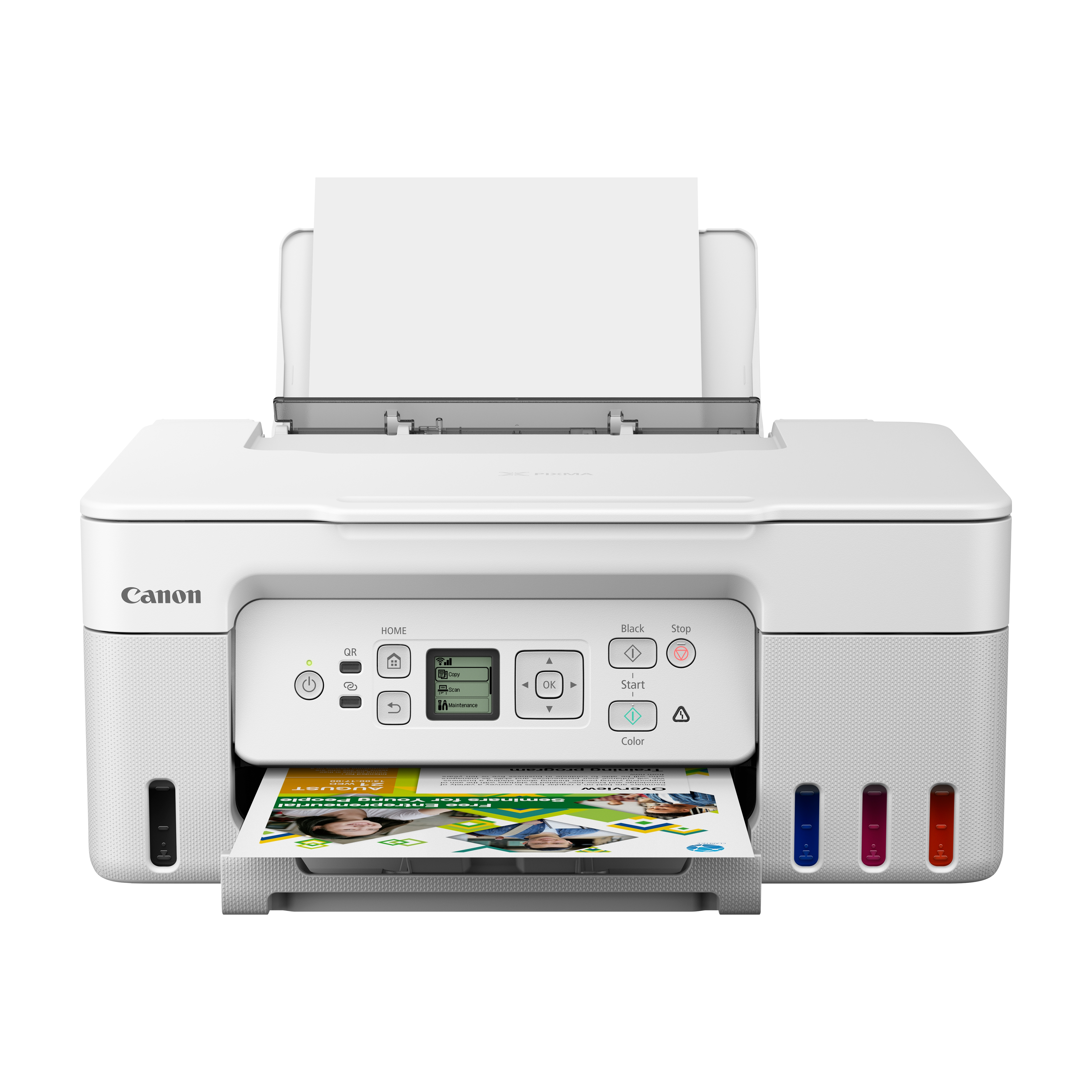 Ein weißer Canon Drucker mit Tintenbehältern und bedrucktem Papier.