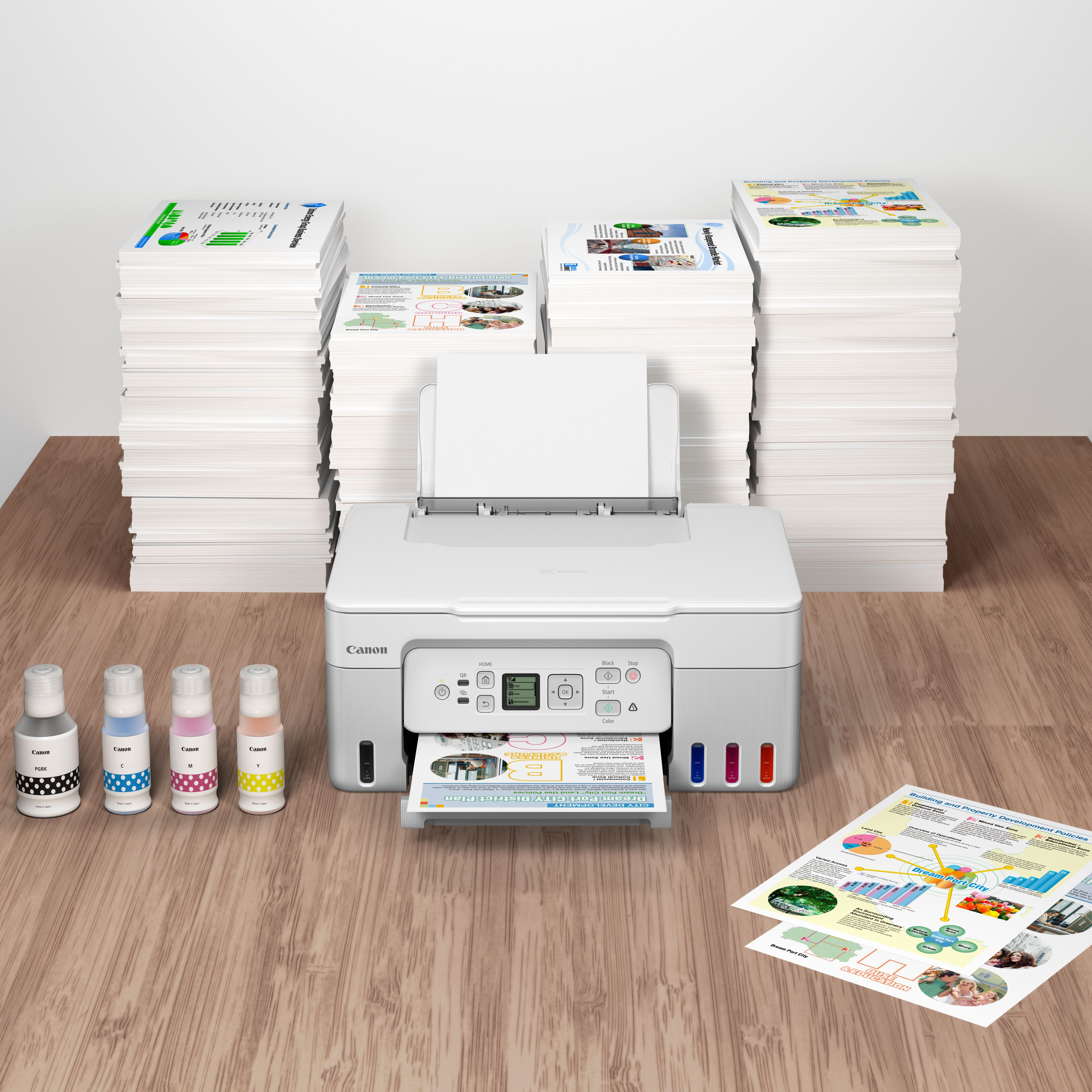 Ein weißer Canon Drucker mit vier Tintenflaschen und Papierstapeln.