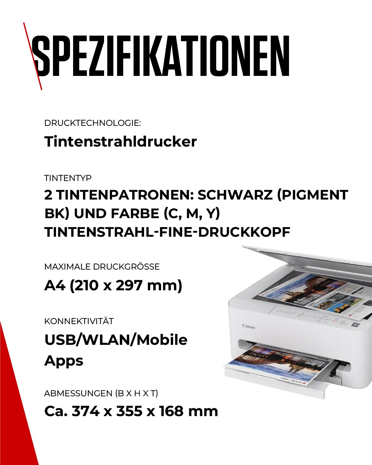 Druckerspezifikationen: Tintenstrahl, 2 Patronen (Schwarz/Farbe), A4, USB/WLAN/Mobil. Maße: 374x355x168mm.