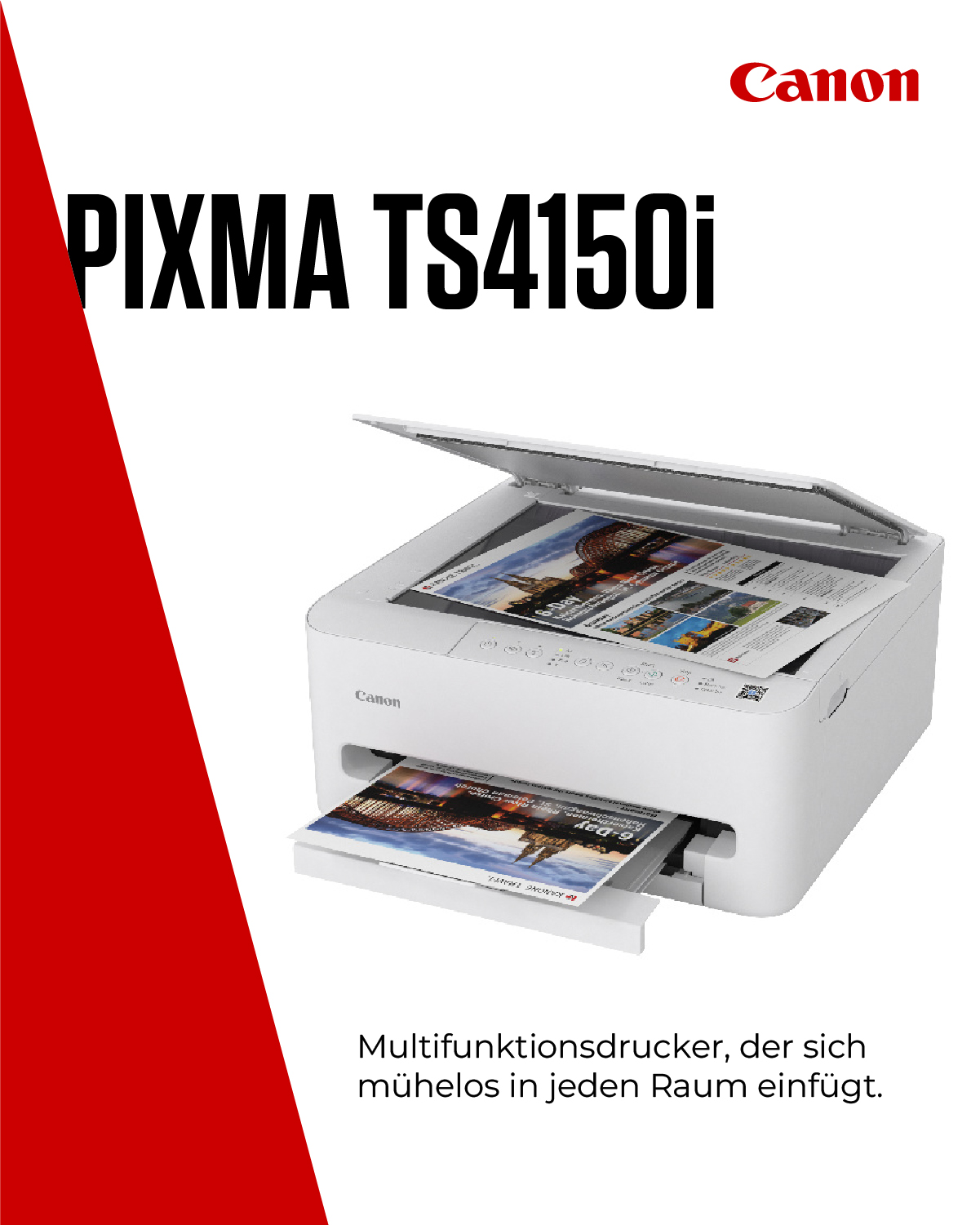Canon Pixma TS4150i Multifunktionsdrucker mit geöffnetem Scanner und gedruckten Fotos.