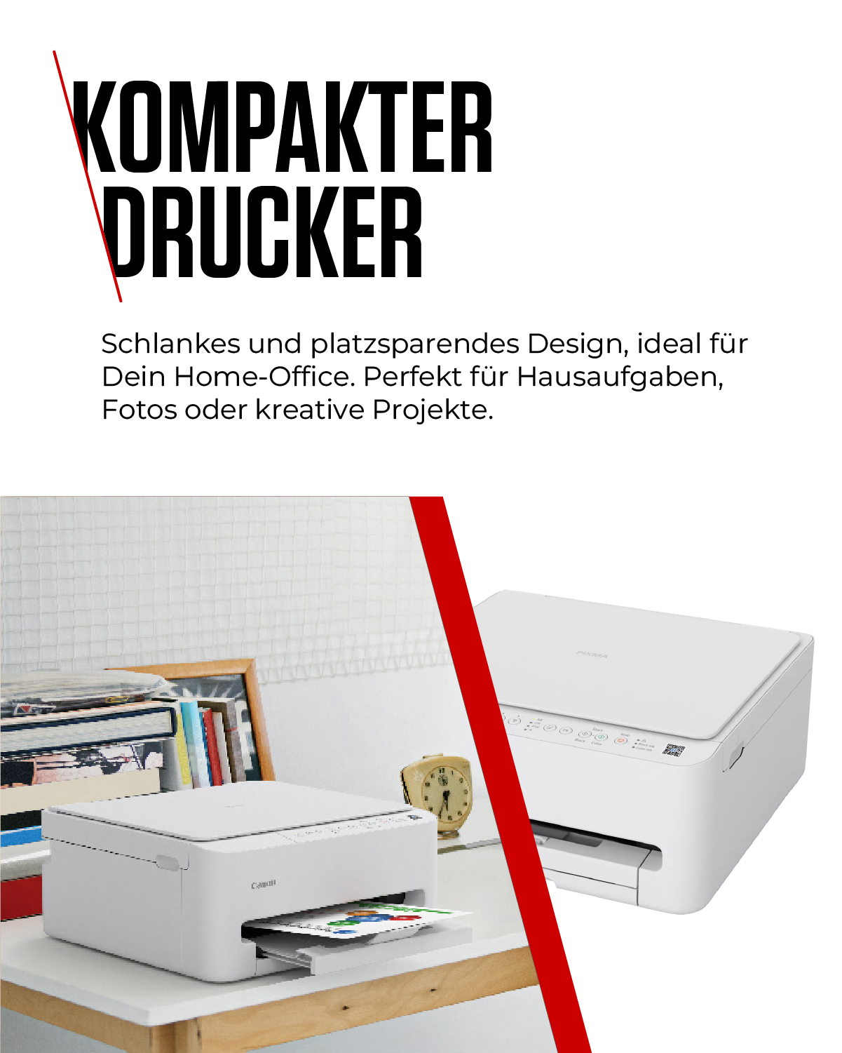 Zwei weiße Canon-Drucker auf einem Schreibtisch. Einer druckt bunte Seiten. Bücher und Wecker im Hintergrund.