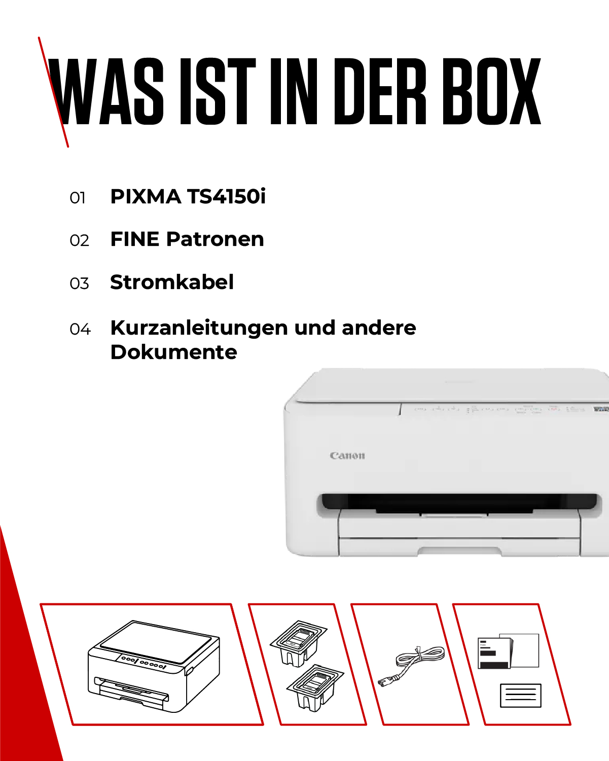 Inhalt der Box: Drucker, Patronen, Kabel, Dokumente.