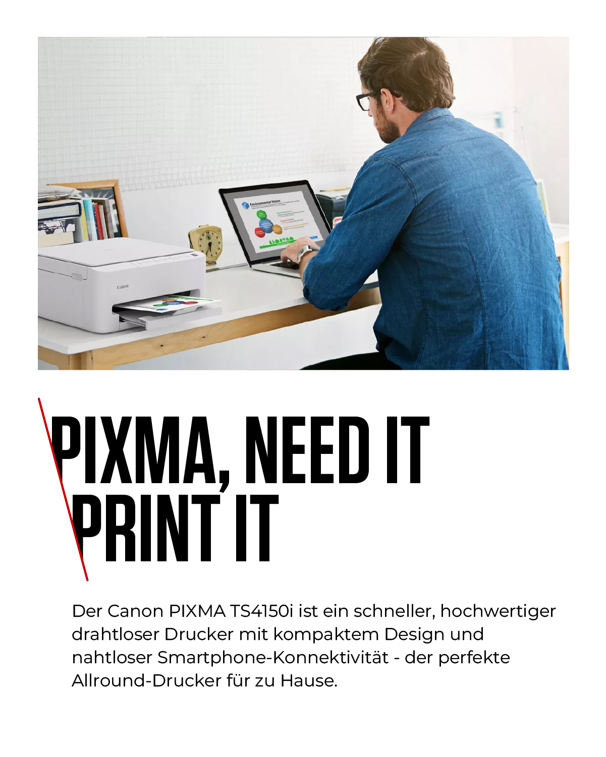 Ein Mann arbeitet am Laptop neben einem weißen Canon Drucker.