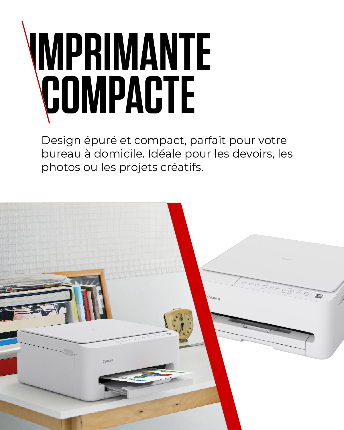 Deux imprimantes Canon blanches sur un bureau. L'une imprime une page colorée.