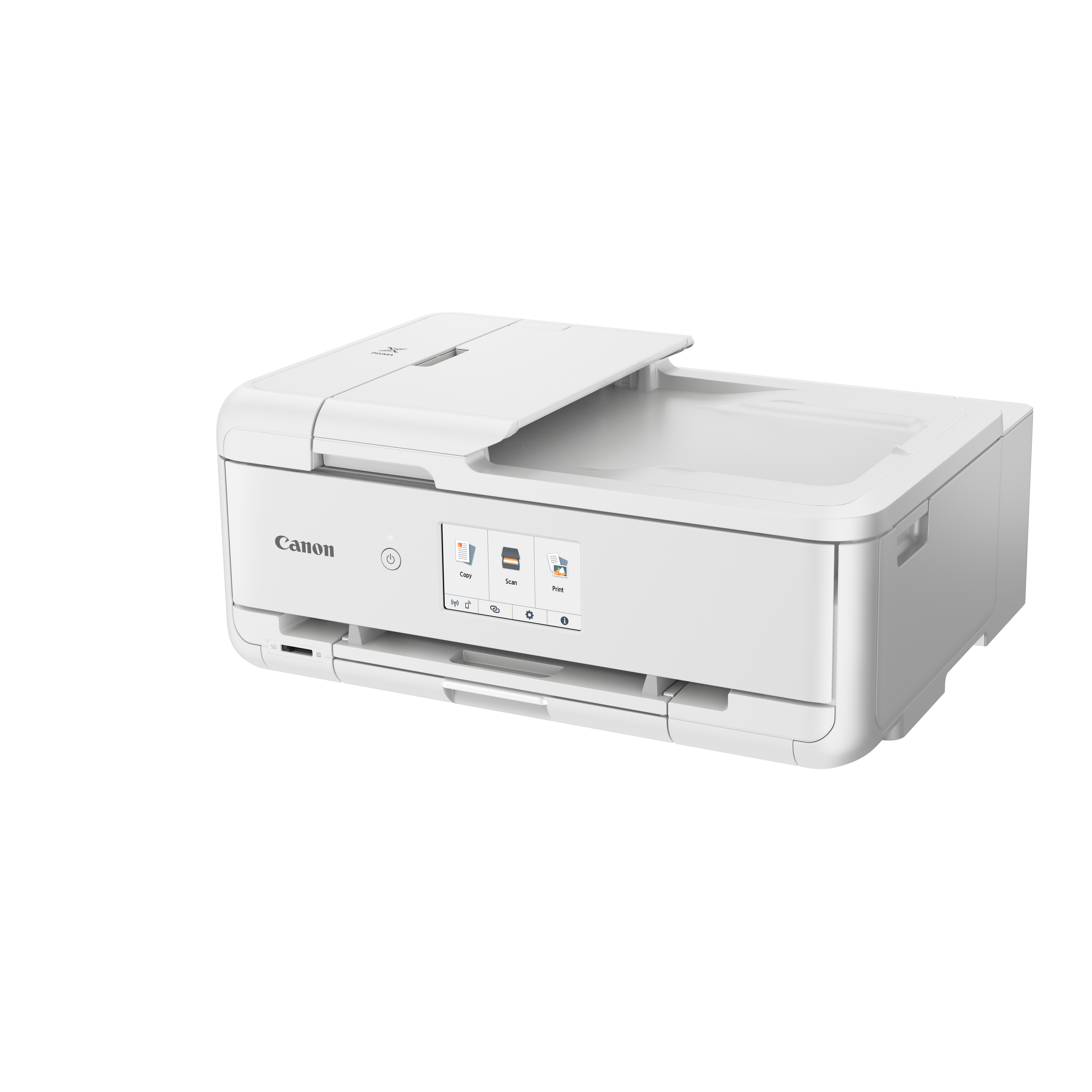 Une imprimante Canon Pixma blanche avec écran tactile et capot de scanner ouvert.