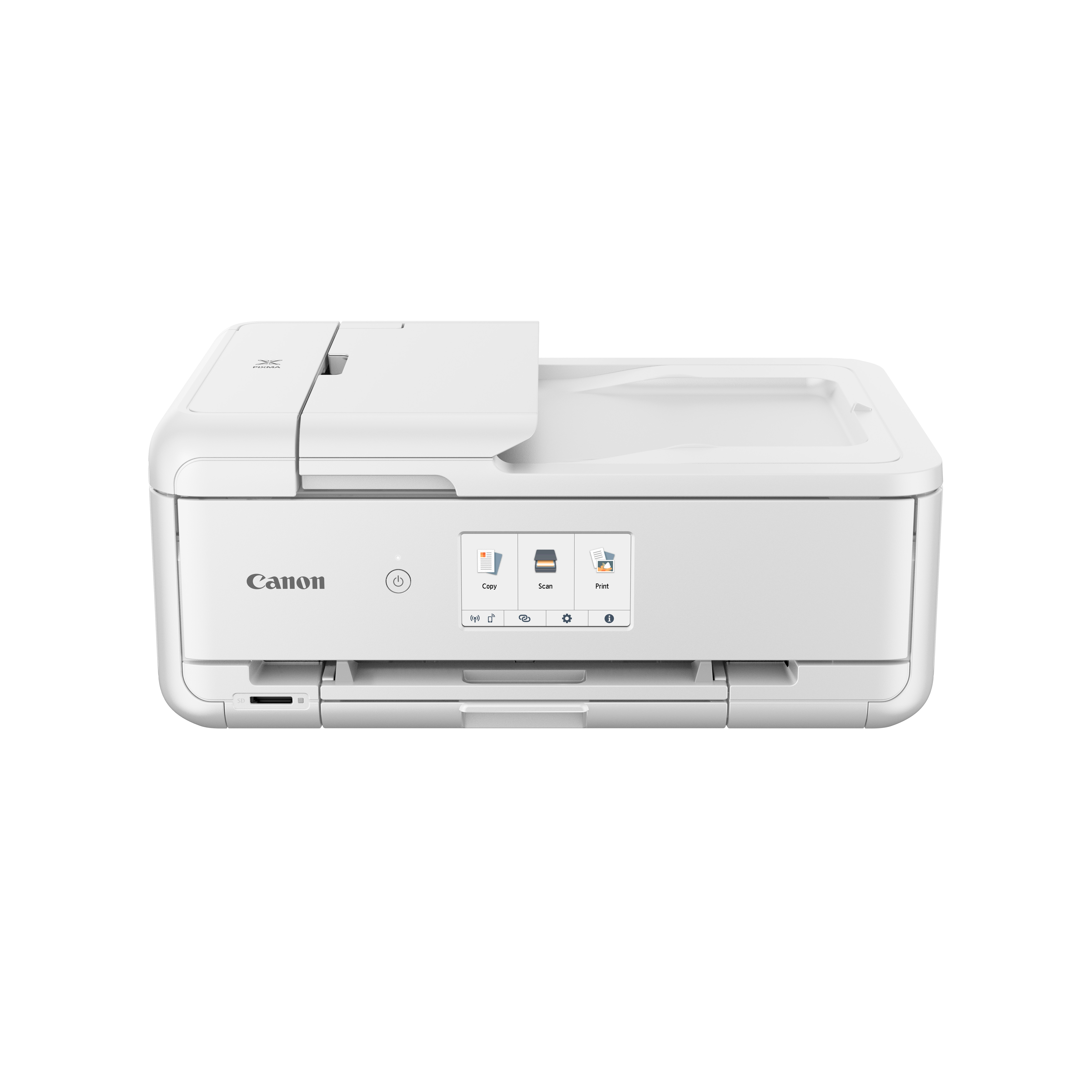 Une imprimante Canon Pixma blanche avec écran tactile et lecteur de carte SD.