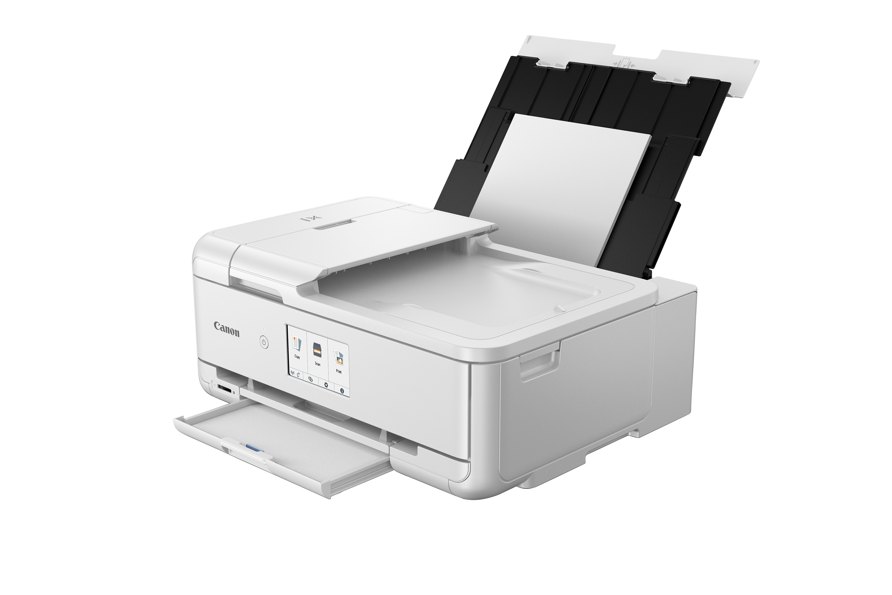 Une imprimante Canon blanche avec bac à papier ouvert et feuille numérisée.