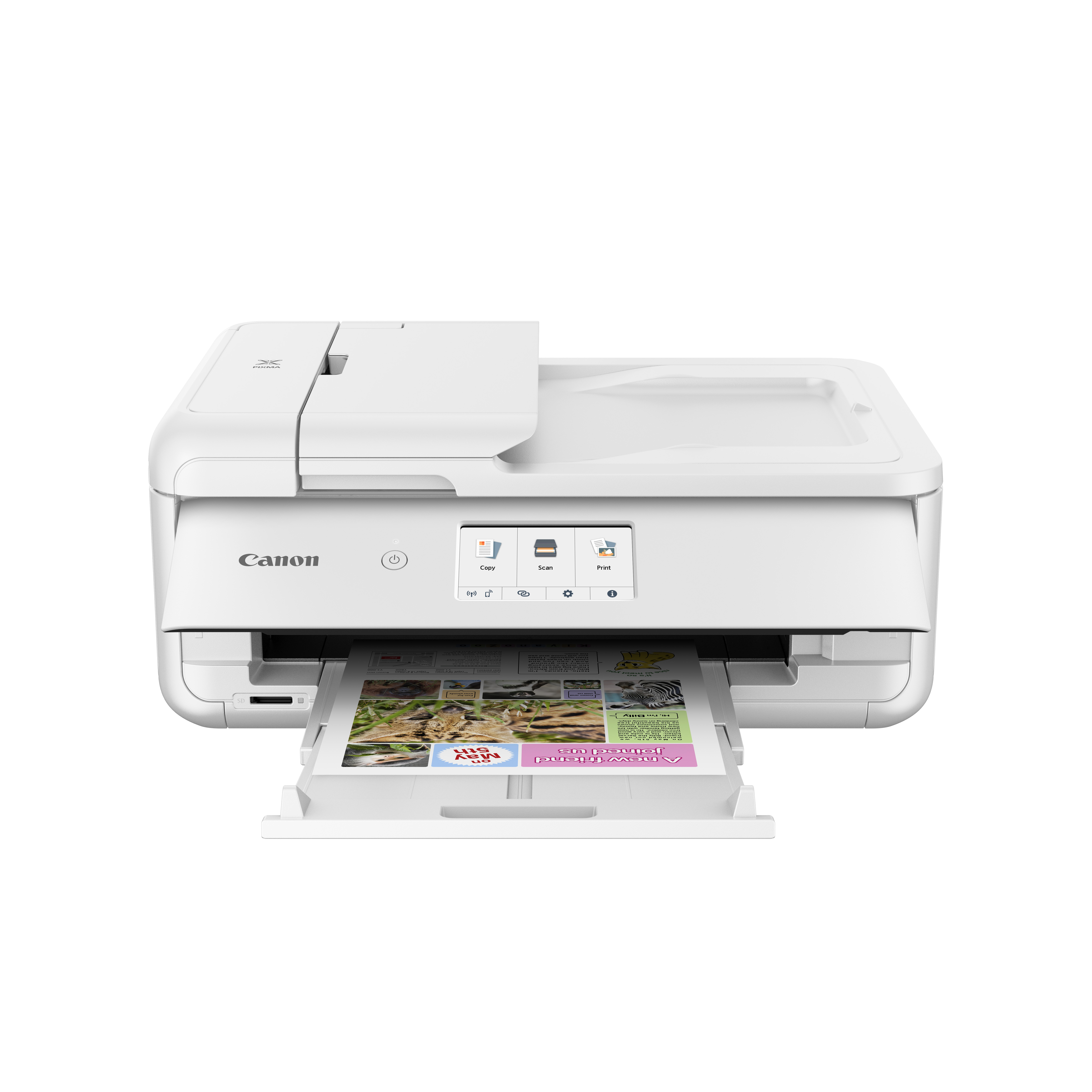 Une imprimante Canon blanche avec écran tactile et papier imprimé.