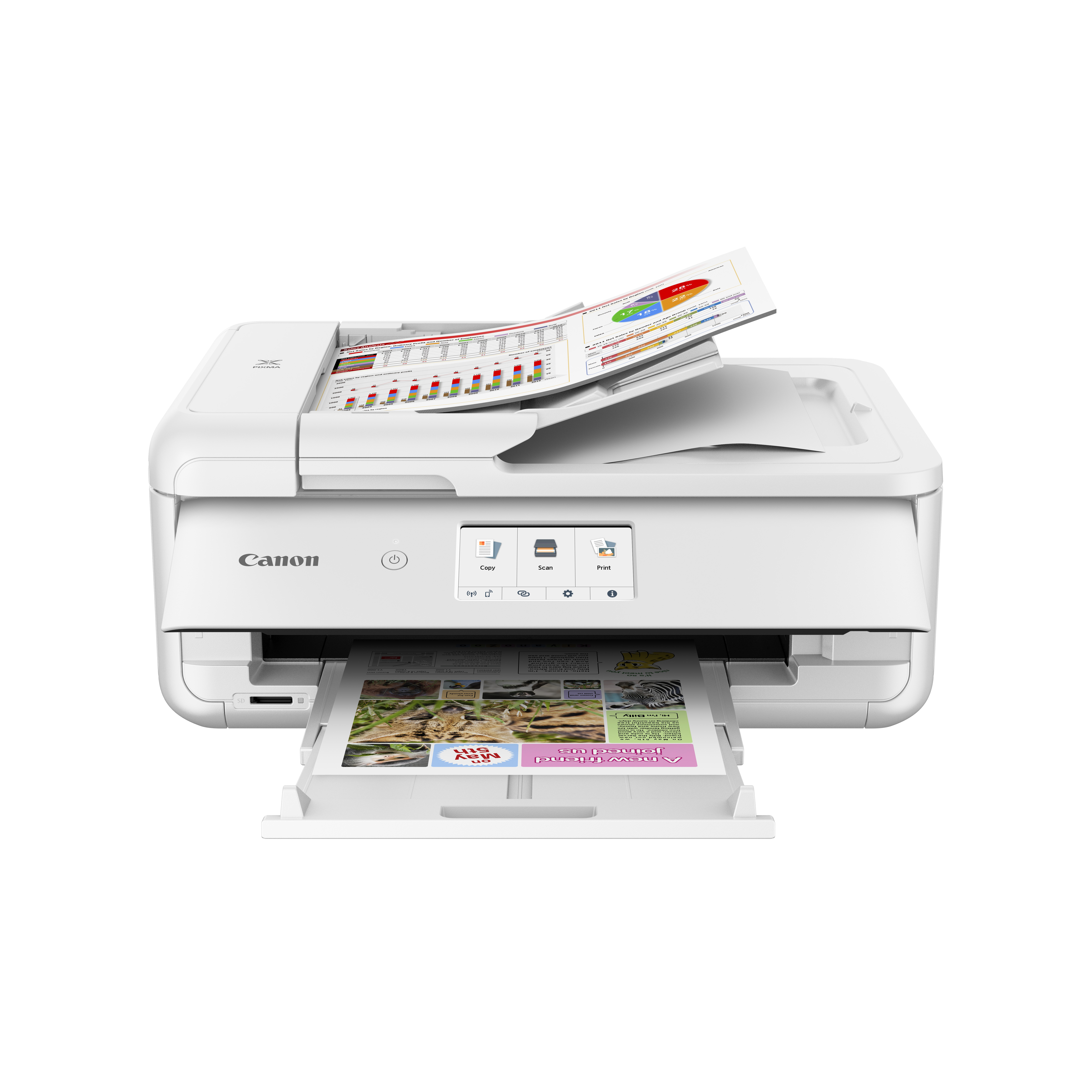 Une imprimante Canon blanche avec du papier imprimé sortant du bac de sortie.