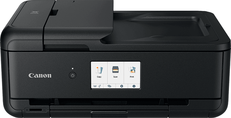 Ein schwarzer Canon Drucker mit Touchscreen zeigt Kopieren, Scannen und Drucken.
