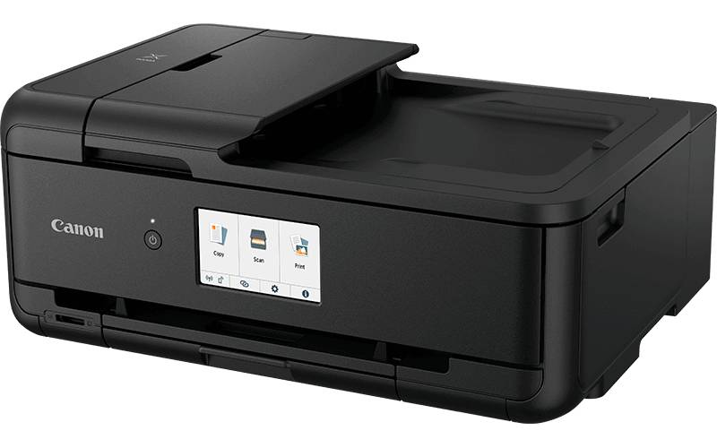 Stampante Canon nera con touchscreen che mostra le opzioni copia, scansione e stampa.