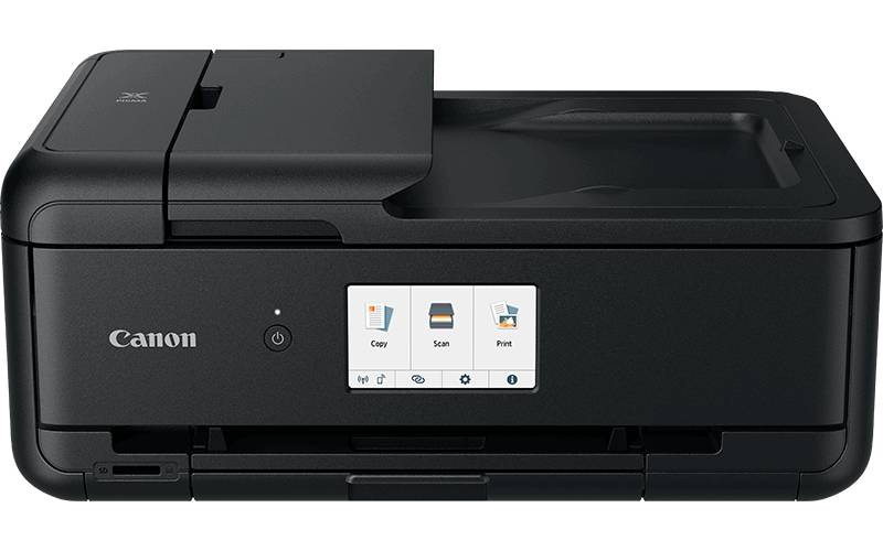 Stampante Canon nera con touchscreen che mostra Copia, Scansione e Stampa.