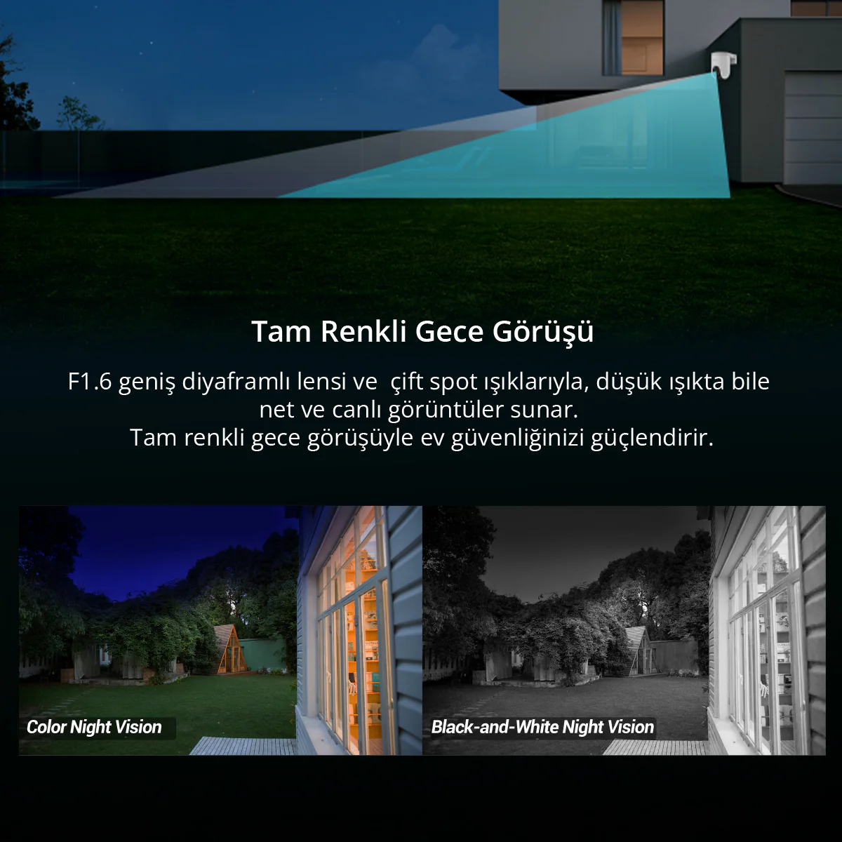 Renkli gece görüşlü kamera evde, bahçeyi gösteriyor.
