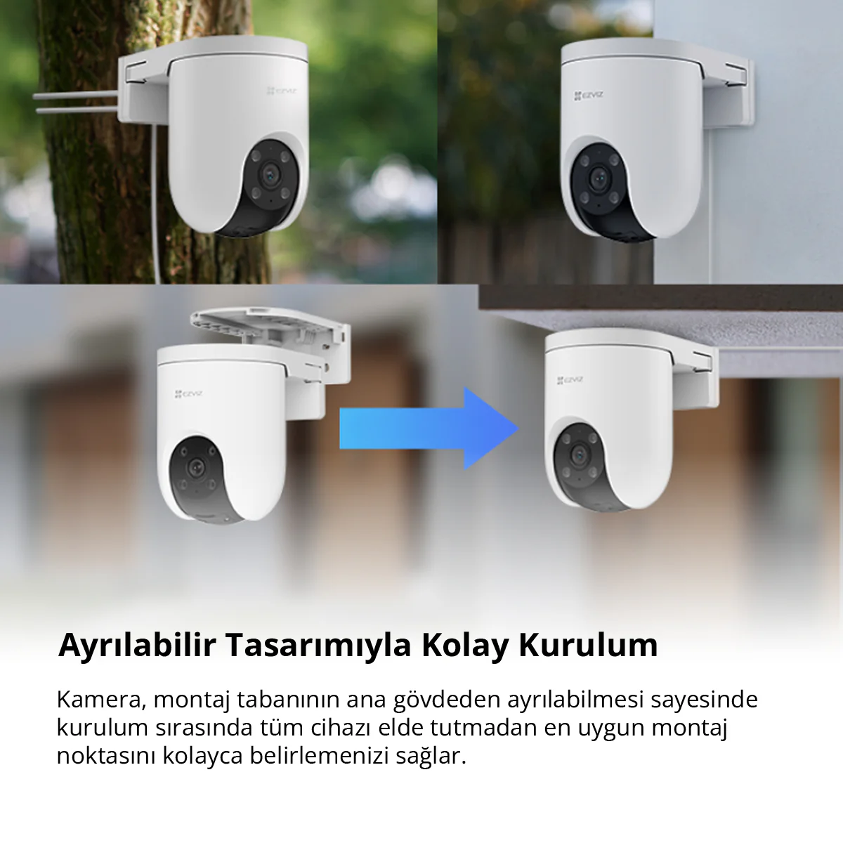 Kamera montaj demosu: duvar, ağaç, ayrılabilir taban, ok