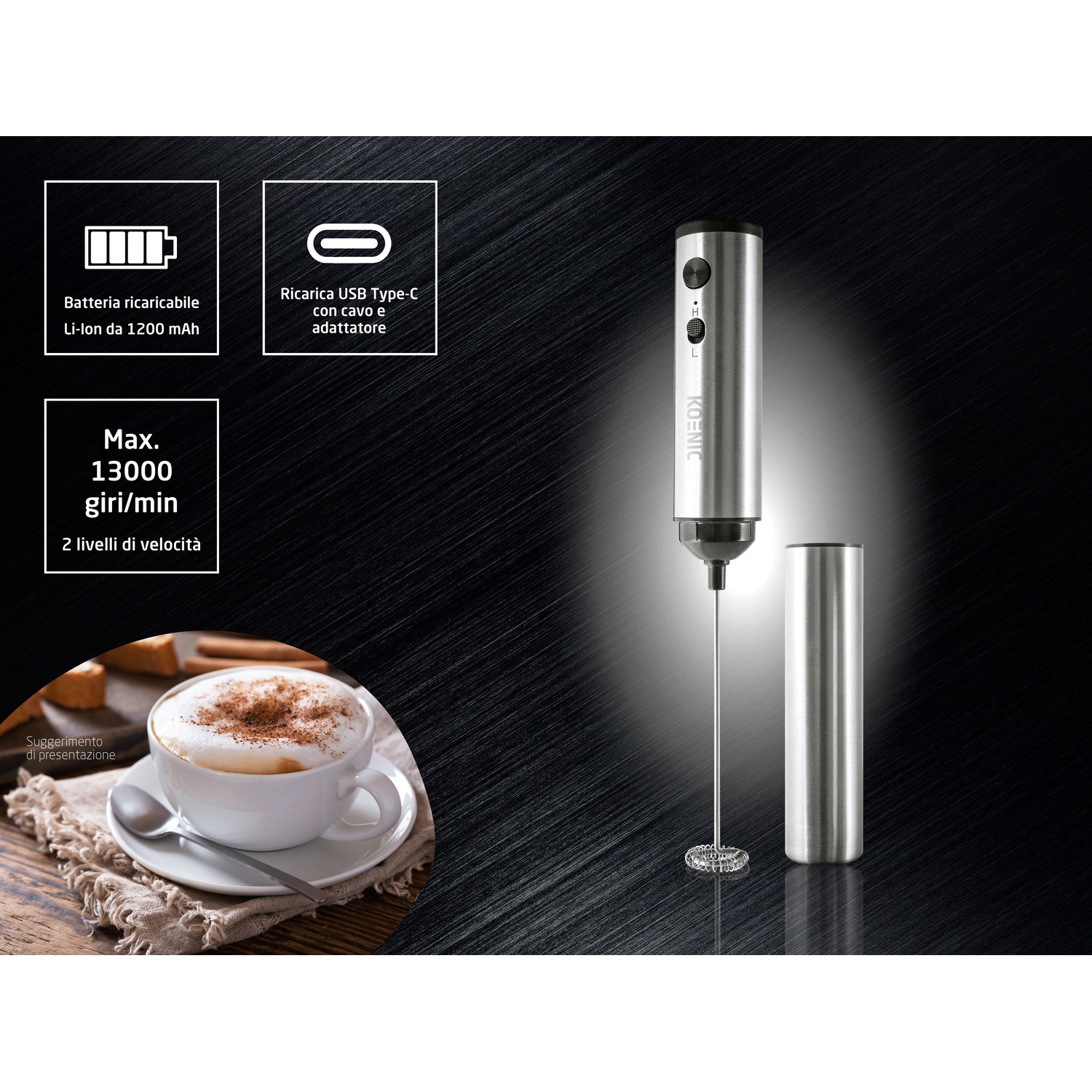 Sbattitore latte argento USB-C, 13000 giri/min, con tazza caffè.