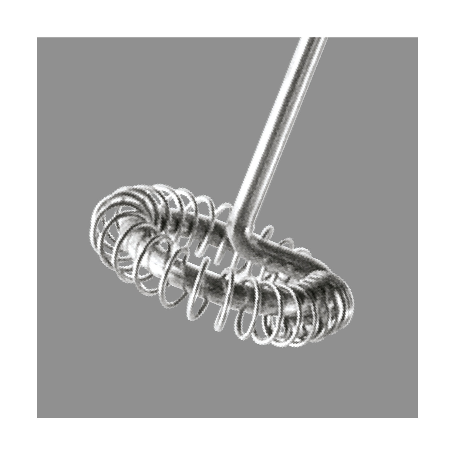 Primo piano di una frusta in metallo con testa a molla a spirale.