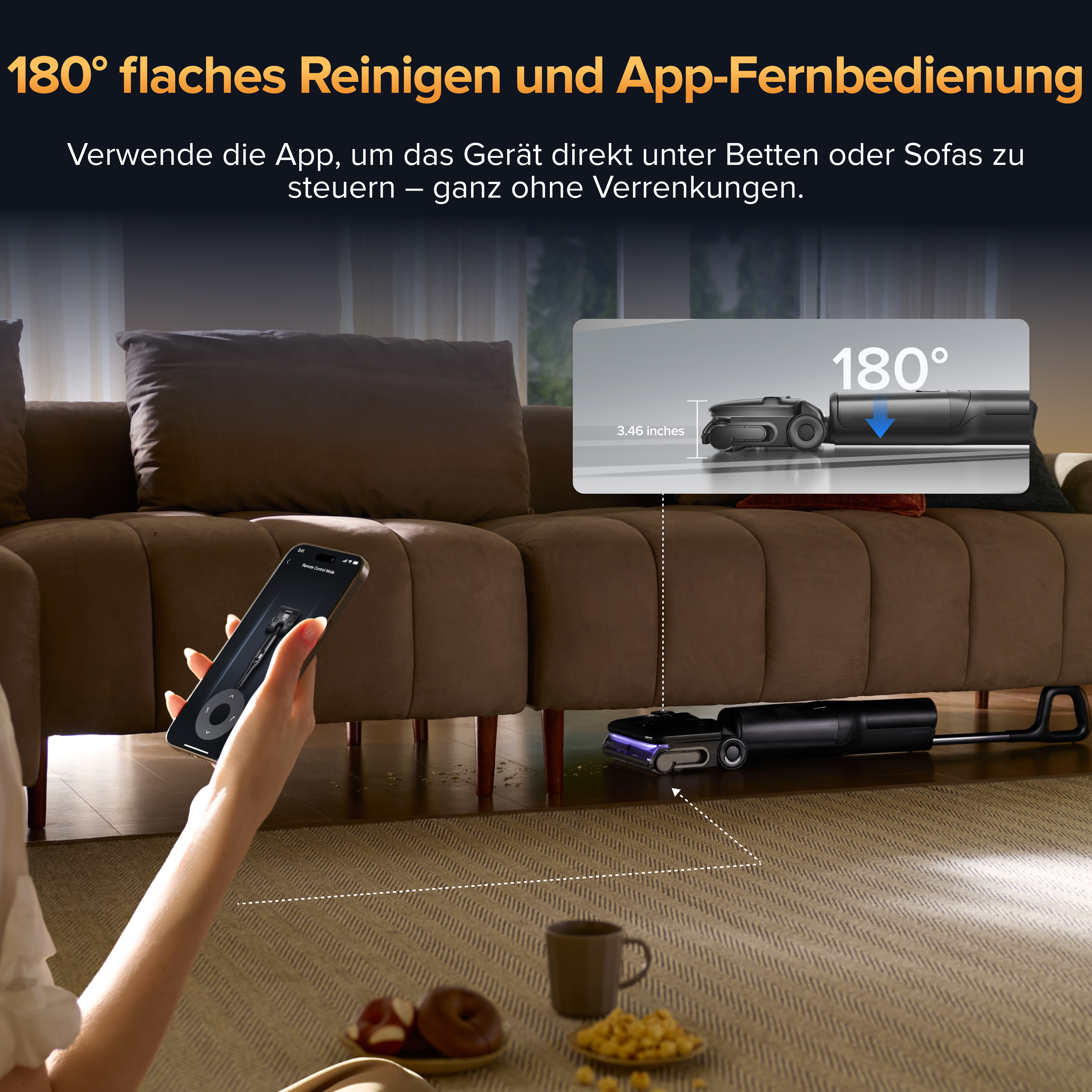 Ein Saugroboter reinigt unter einem Sofa, gesteuert per App.