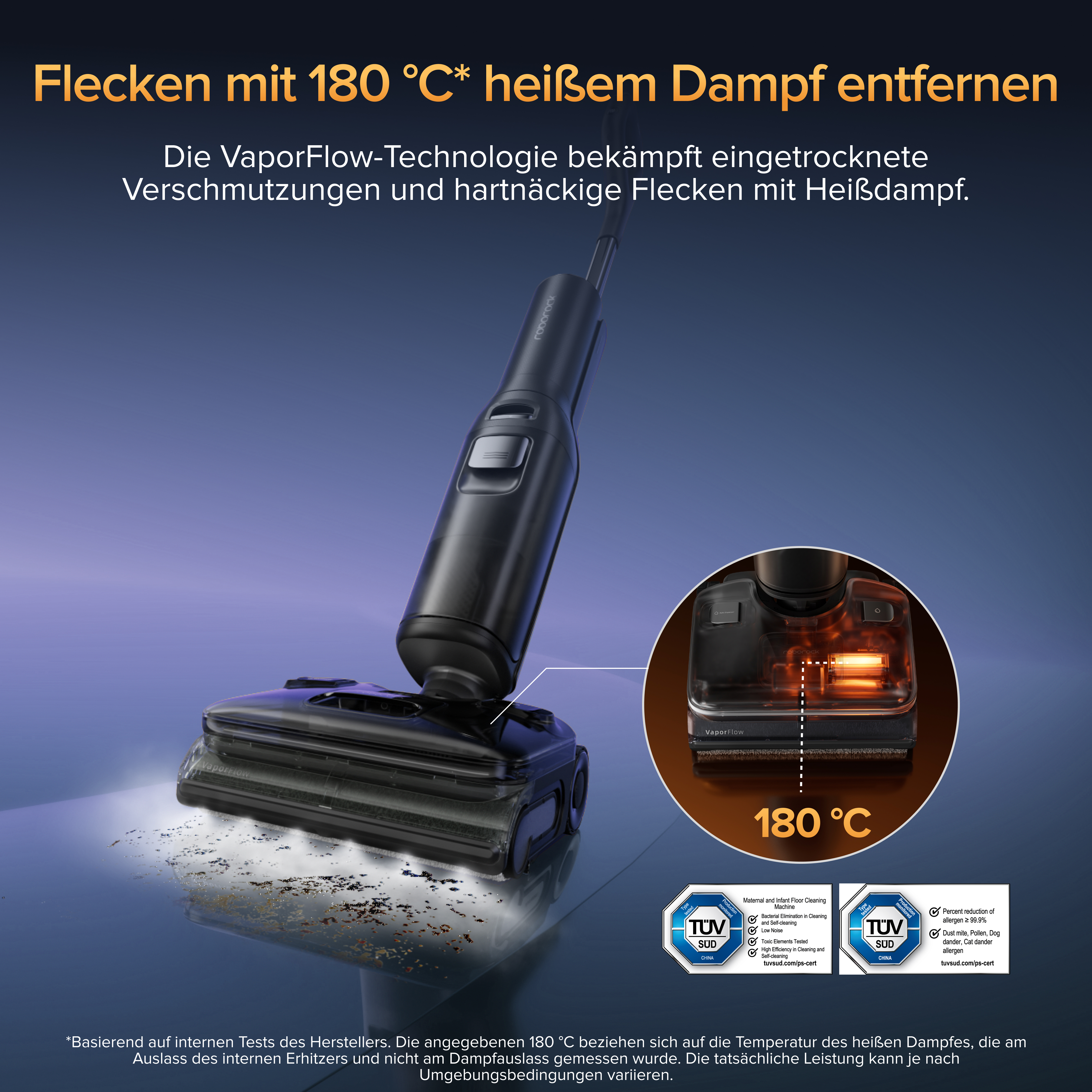 Ein schwarzer Dampfreiniger mit VaporFlow-Technologie reinigt einen fleckigen Boden bei 180°C.